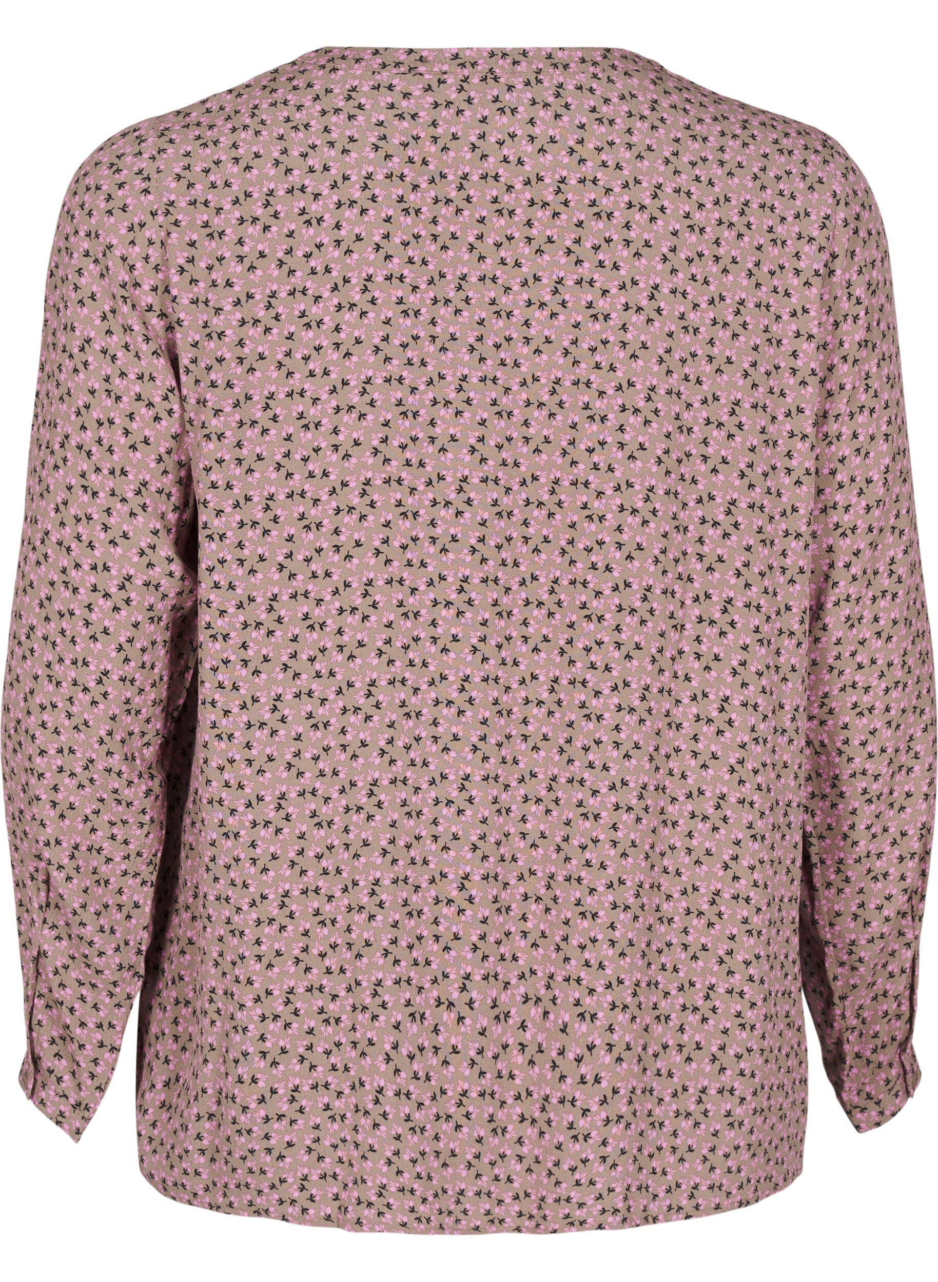 Zizzi Lang&aelig;rmet bluse med blomsterprint og V-hals, Brun, Packshot image number 1