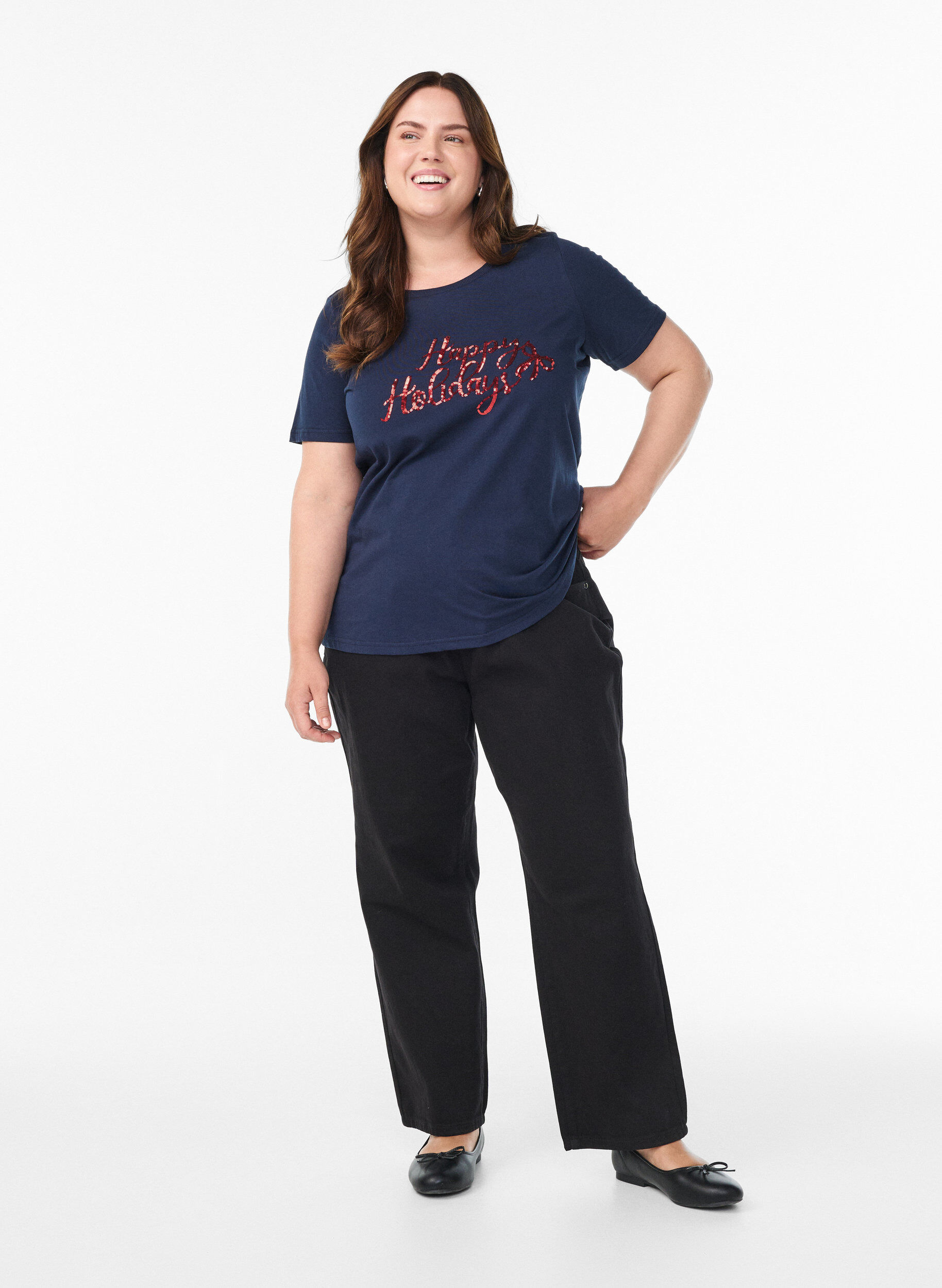 Zizzi Jule t-shirt i &oslash;kologisk bomuld, Bl&aring;, Model image number 1