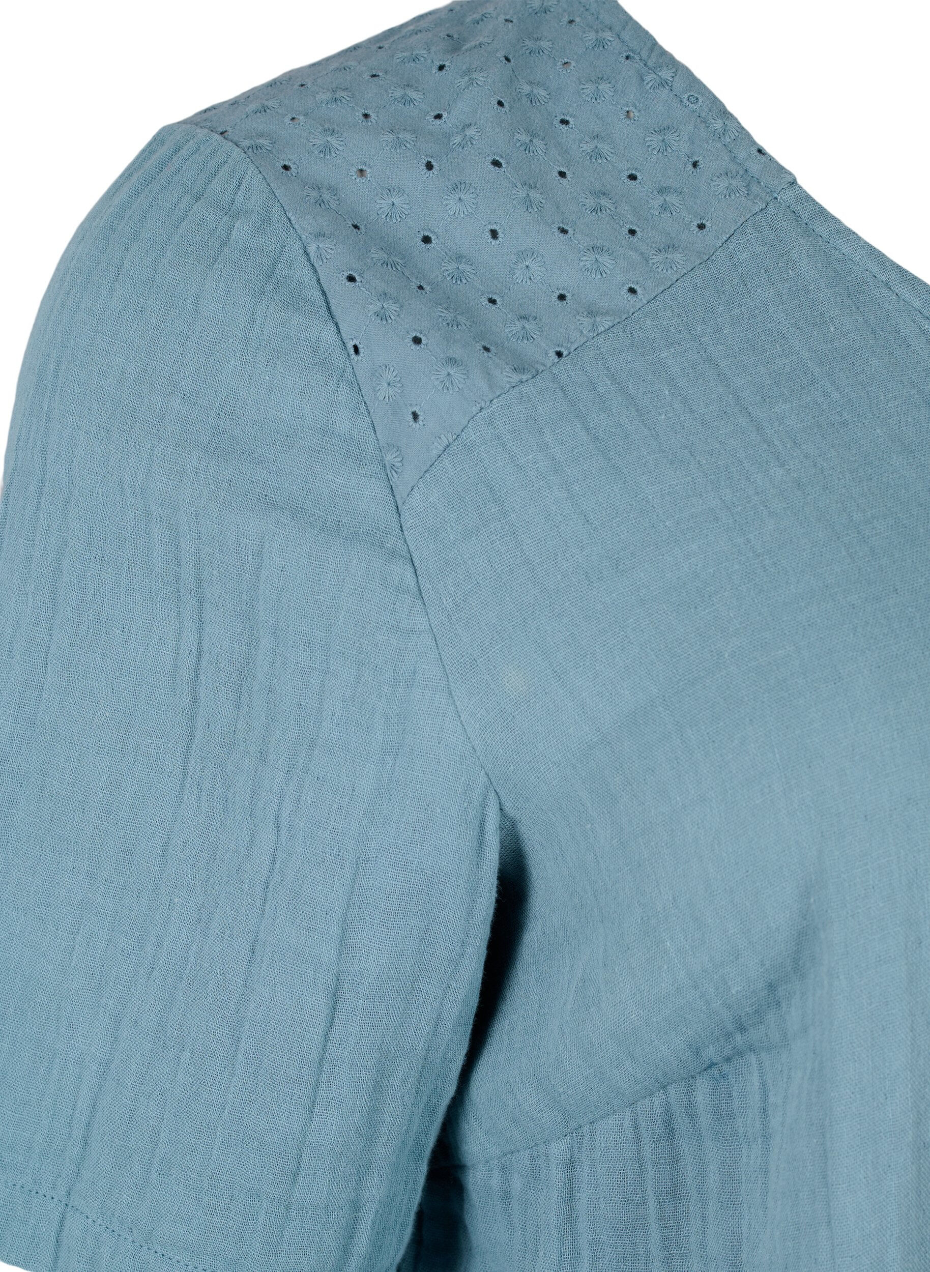 Zizzi Bluse i bomuld med broderi og korte &aelig;rmer, Smoke Blue, Packshot image number 3