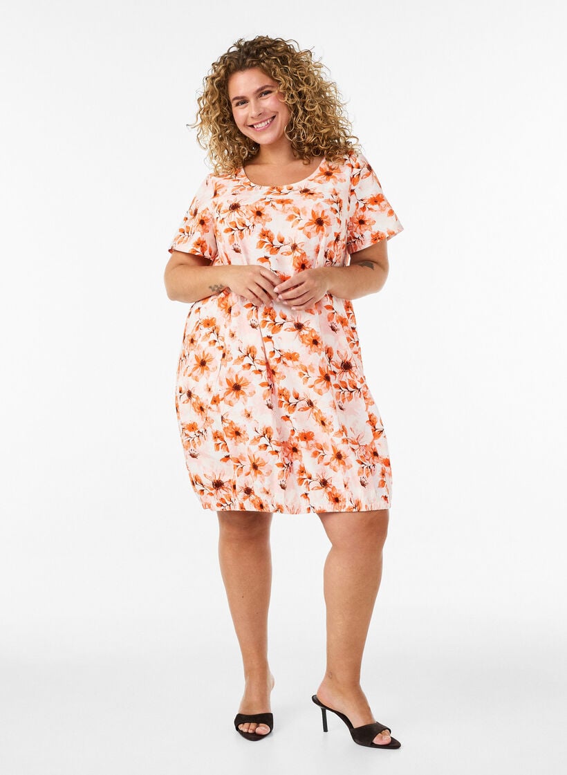 Kort&aelig;rmet bomuldskjole med print, Orange, Model image number 1