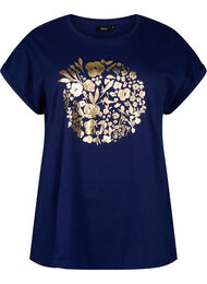 T-shirt i økologisk bomuld med guldtryk, Med.Blue Gold Flower