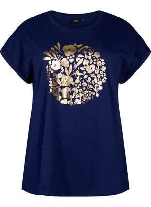T-shirt i økologisk bomuld med guldtryk, Med.Blue Gold Flower, Packshot image number 0
