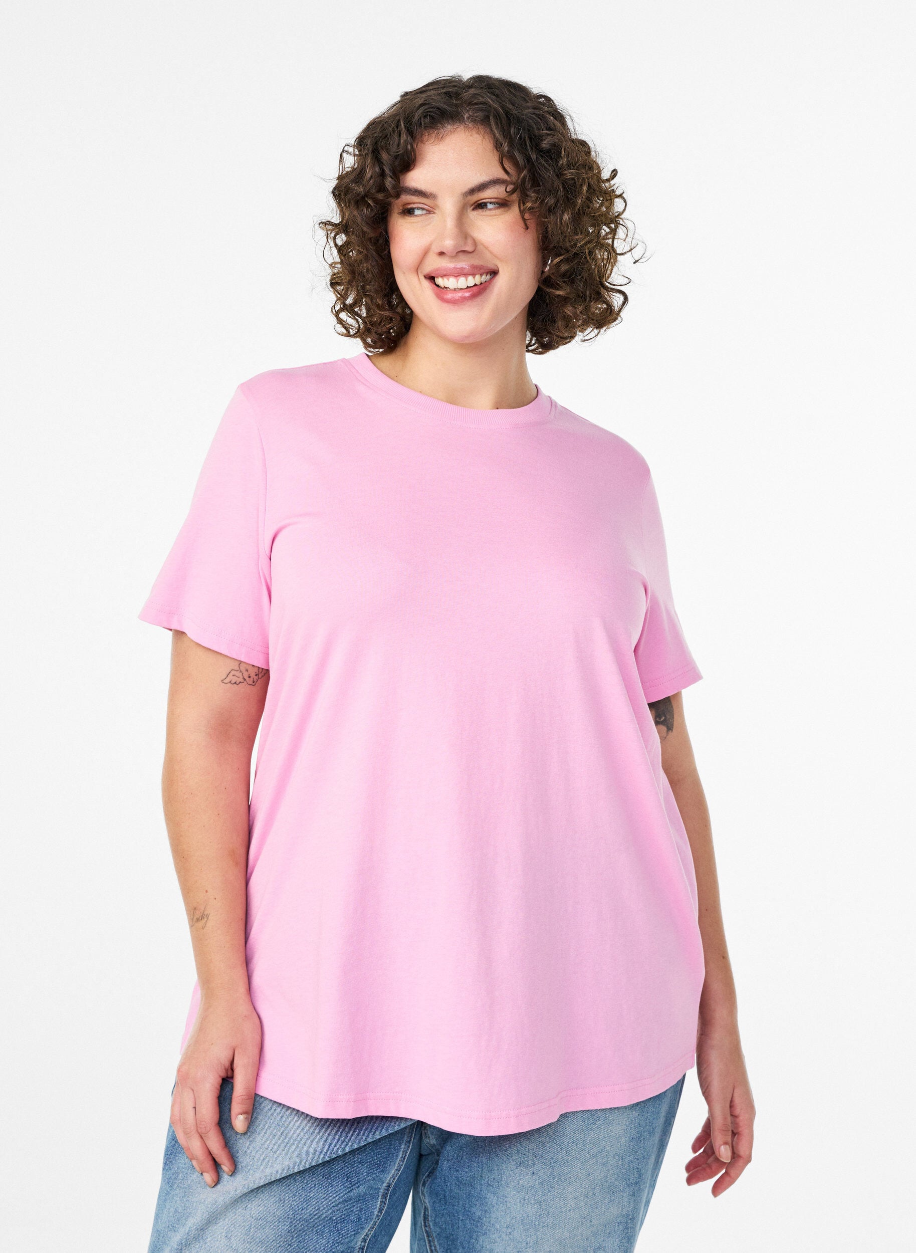 Basis t-shirt i bomuld med rund hals, Lyser&oslash;d, Model