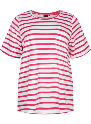 Stribet t-shirt i økologisk bomuld, Bright Rose Stripes, Packshot image number 0