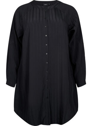 Lang viskose skjorte med stribet struktur, Black, Packshot image number 0