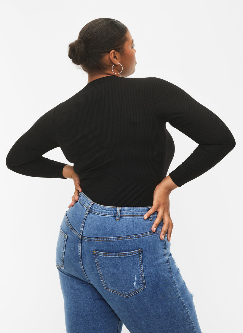 Langærmet bluse i rib med huldetaljer, Black, Model image number 1
