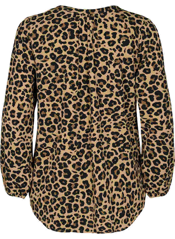 Langærmet bluse med leoprint og v-hals, Leopard, Packshot image number 1