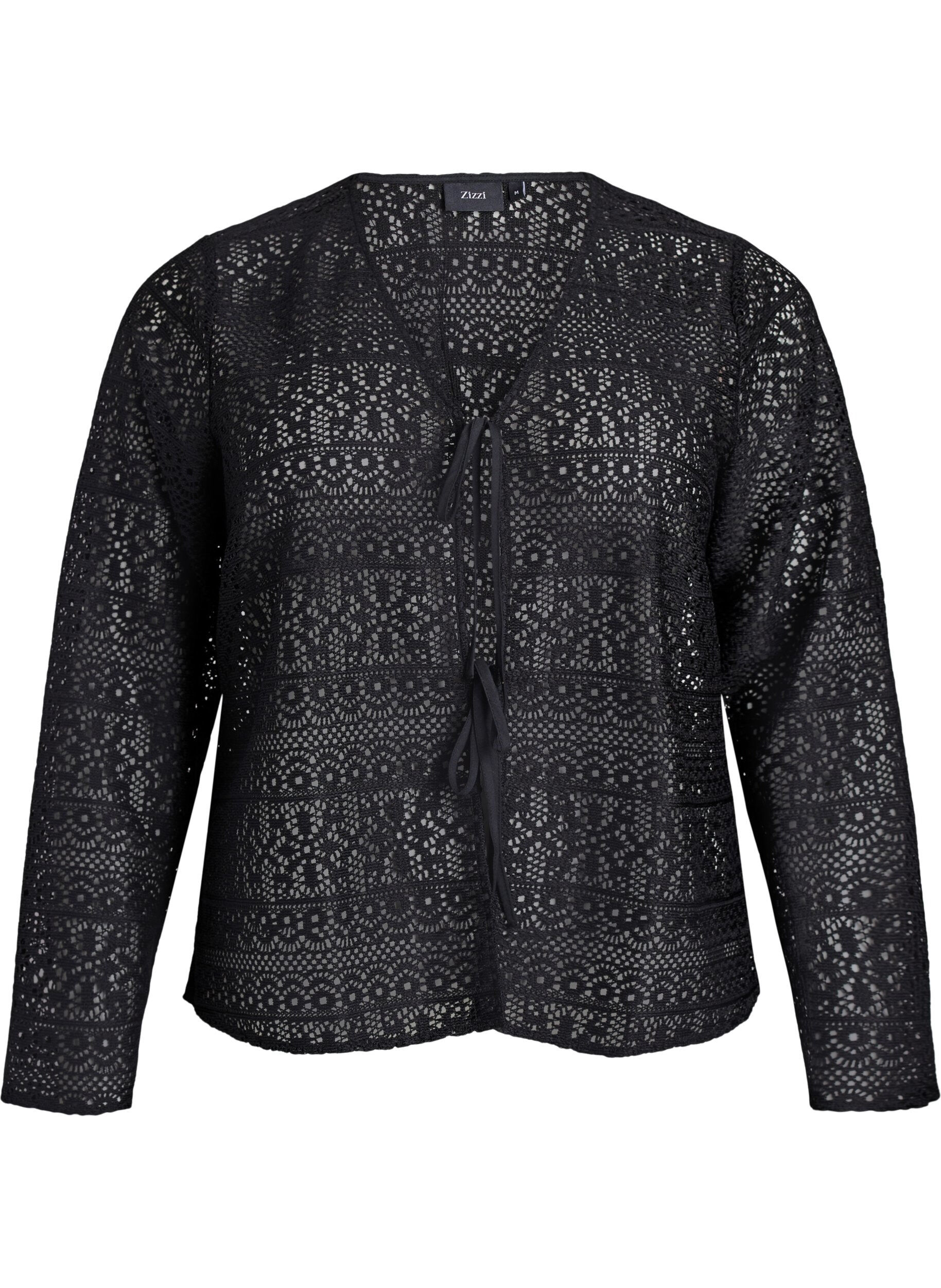 Zizzi Cardigan med hulm&oslash;nster og bindeb&aring;nd, Sort, Packshot image number 0