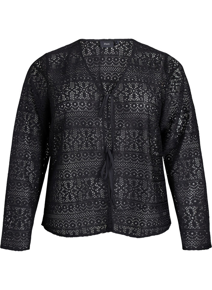 Cardigan med hulmønster og bindebånd, Sort, Packshot image number 0