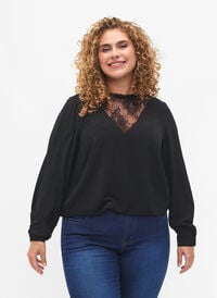 CHOKPRIS - Bluse med lange ærmer og blondedetalje, Black, Model