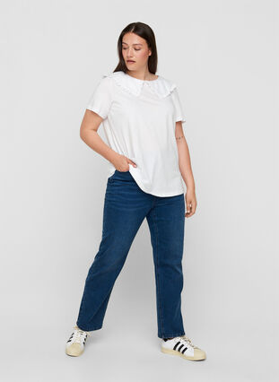 T-shirt med krave i økologisk bomuld, Bright White, Model image number 2