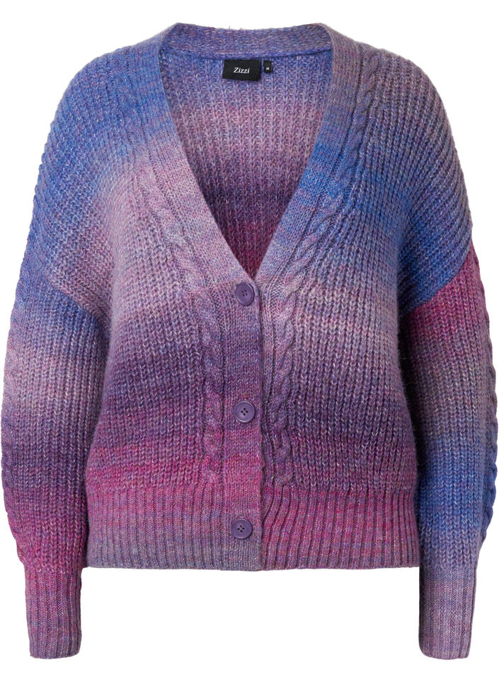 Meleret strik cardigan med knapper, Pansy Mel. Comb, Packshot image number 0