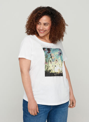 Kortærmet bomulds t-shirt med tryk , Bright White, Model image number 0