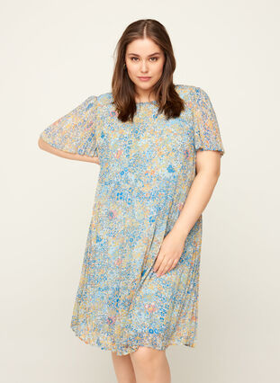 Plissé kjole med blomsterprint, Light Blue Multi AOP, Model image number 0