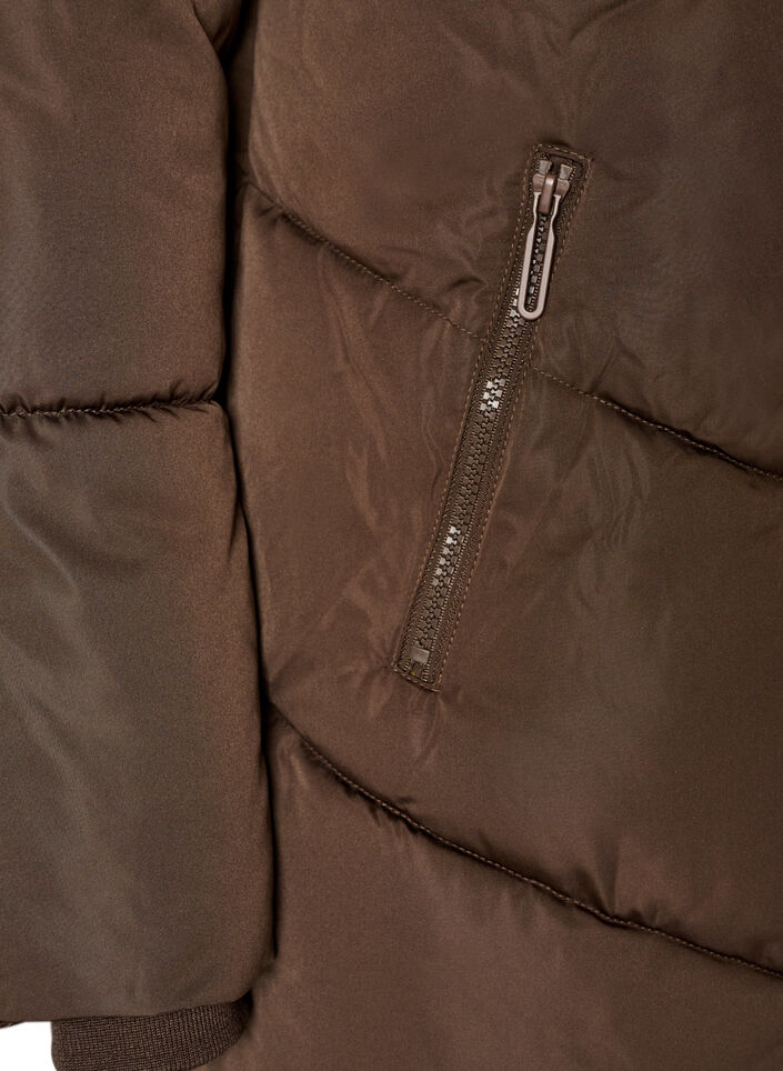 Lang pufferfrakke med h&aelig;tte og lommer, Brun, Packshot image number 3