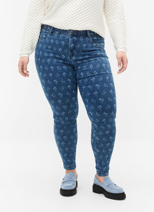 Super slim Amy jeans med blomsterprint, Blue denim, Model image number 2