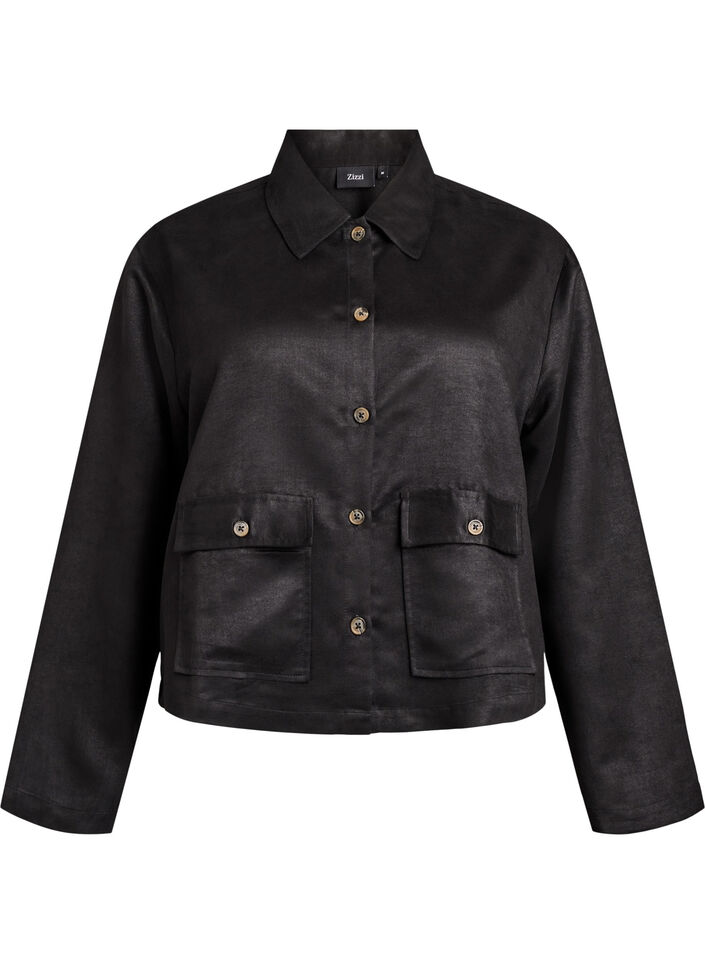 Kort jakke i imiteret ruskind med lommer, Sort, Packshot image number 0