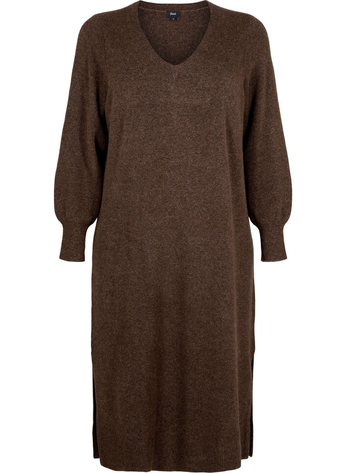 Lang&aelig;rmet strikkjole med V-hals, Brun, Packshot image number 0
