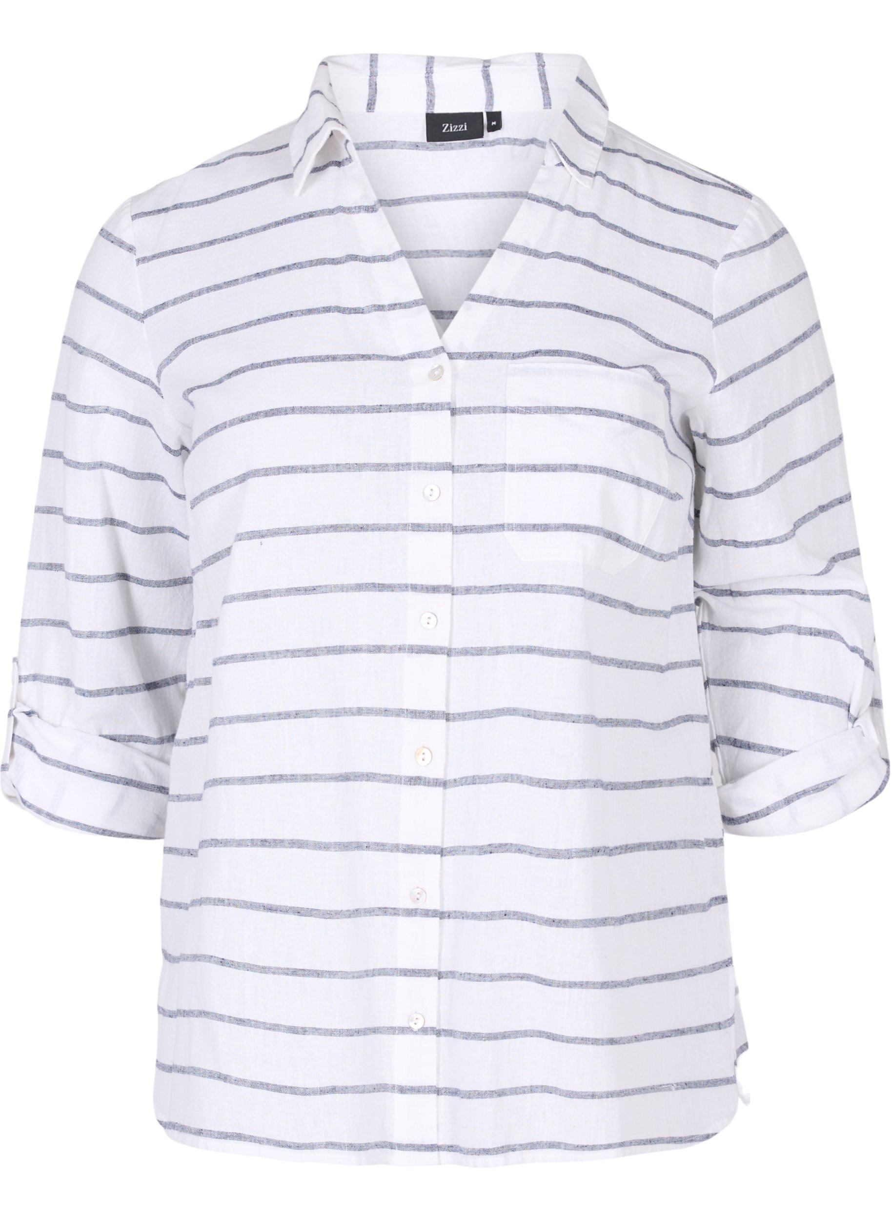 Bluse med 3/4 ærmer og knapper, Navy Blazer stripe, Packshot
