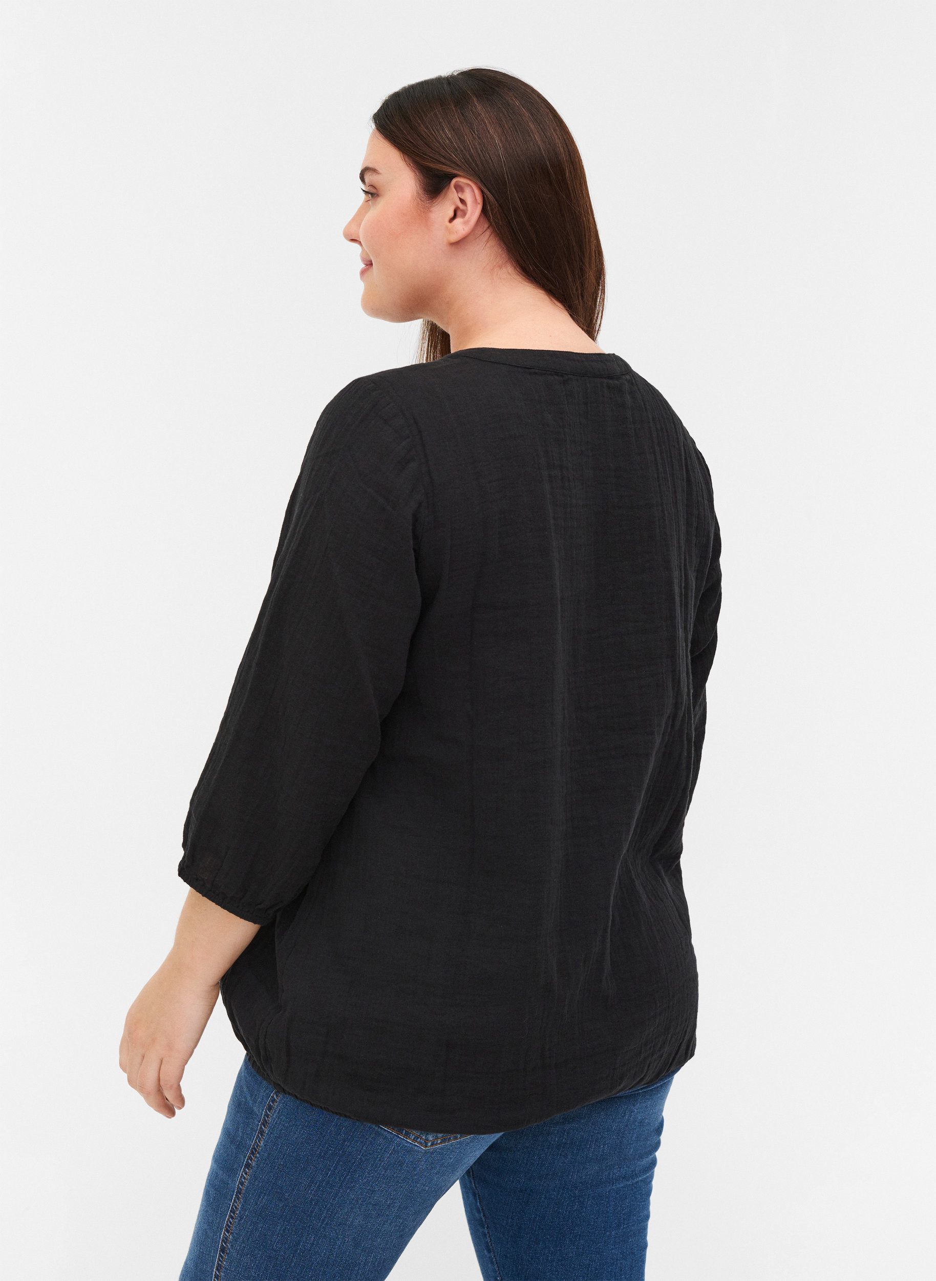 Bomulds bluse med knapper og 3/4 ærmer, Black, Model image number 1