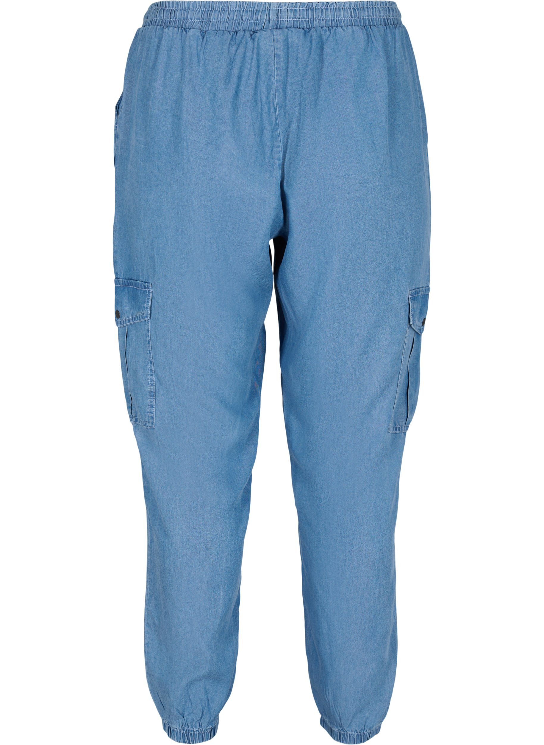 Cargo bukser i denim-look med lommer, Light blue denim, Packshot image number 1