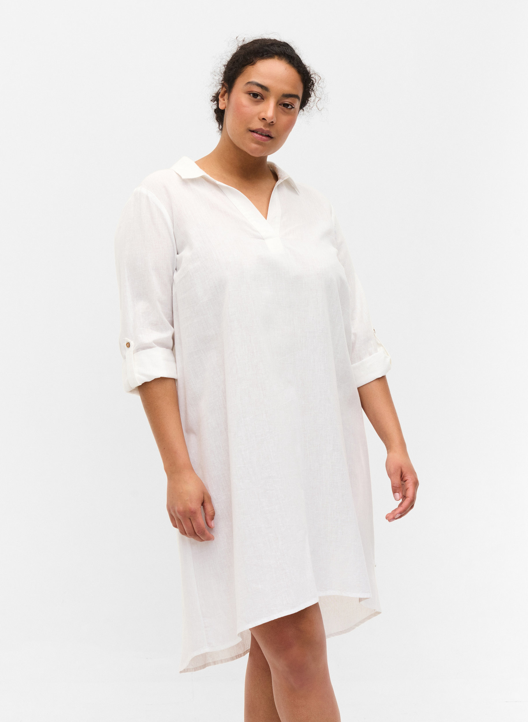 Kjole med v-udskæring og krave, White, Model image number 0