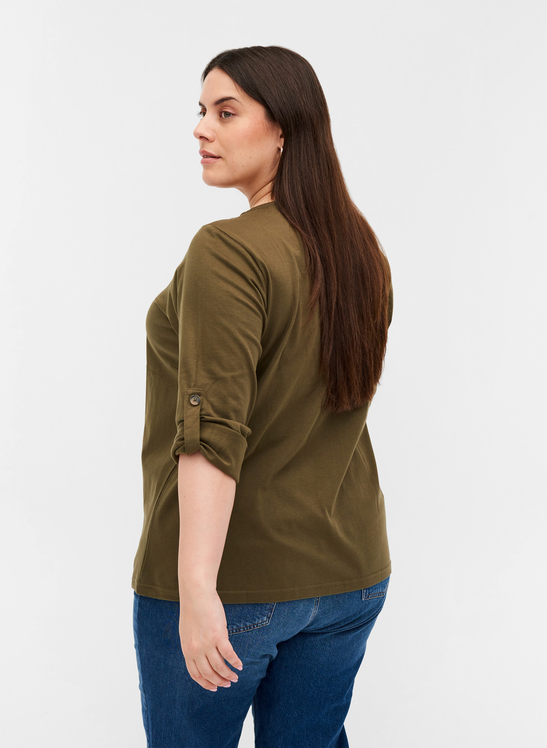 Bomulds bluse med lynlås detalje, Ivy Green, Model image number 1