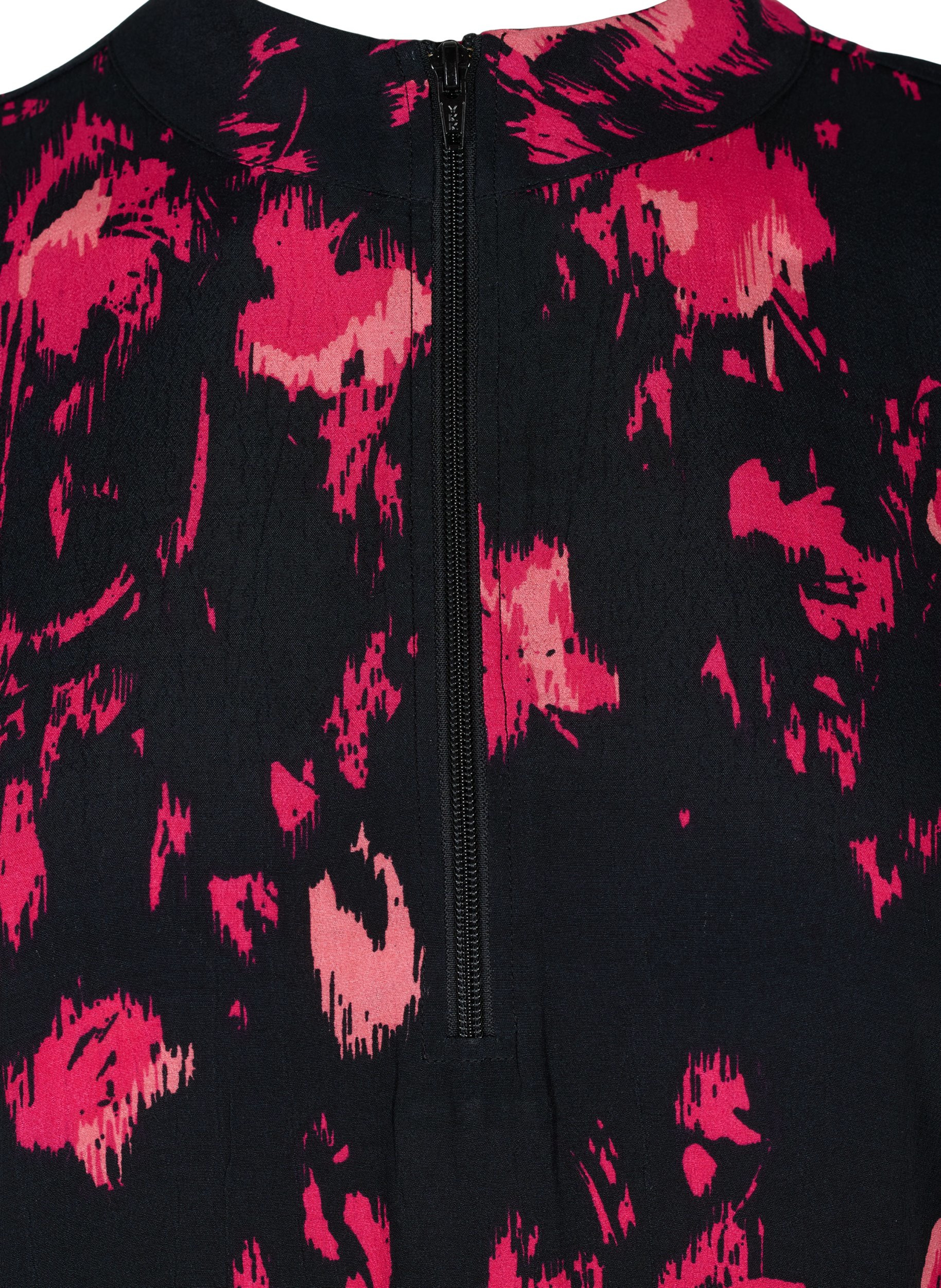 Langærmet viskose tunika med lynlås og print, Black Pink AOP, Packshot image number 2