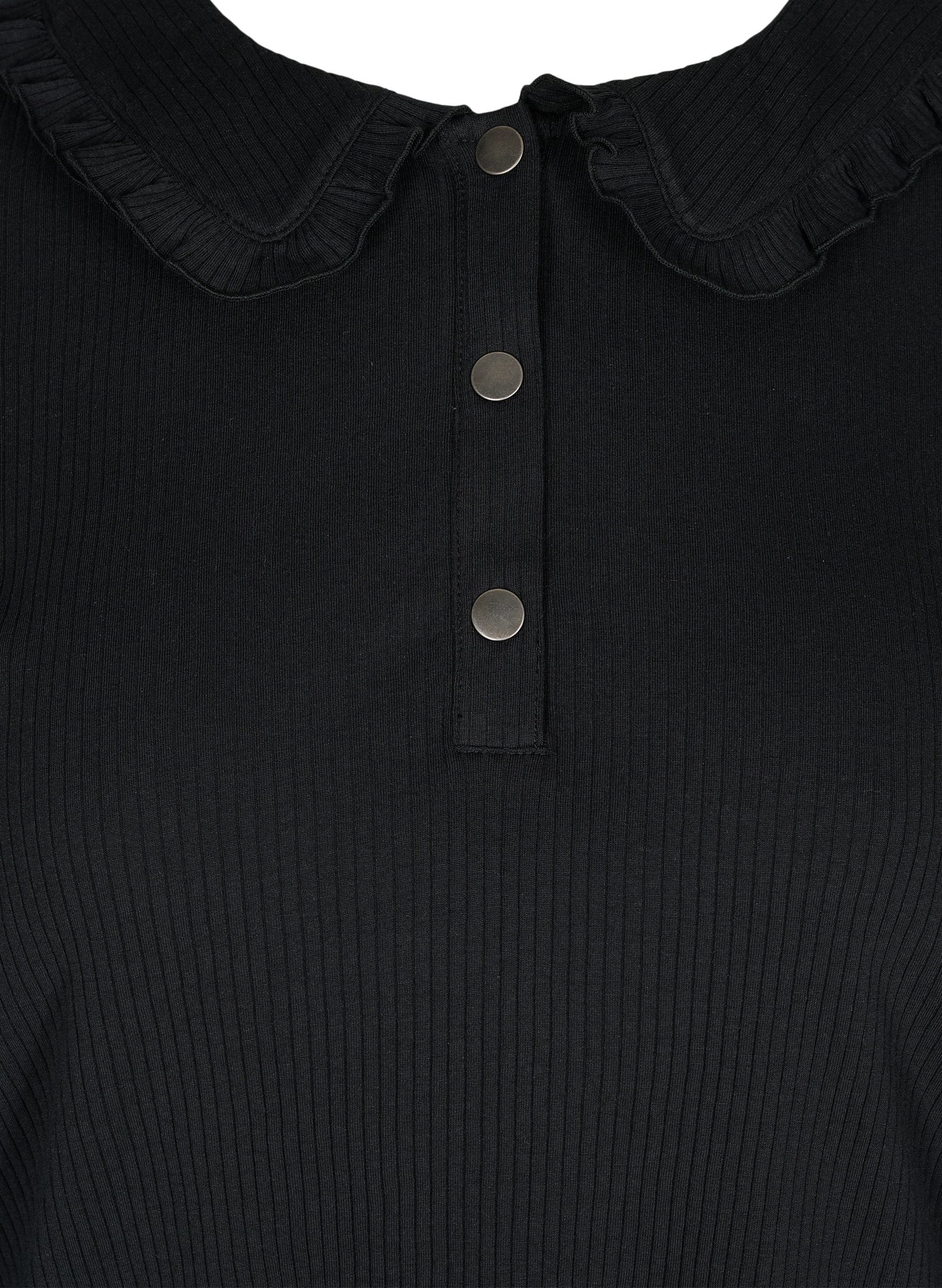 Langærmet bluse i rib med flæsekrave, Black, Packshot image number 2