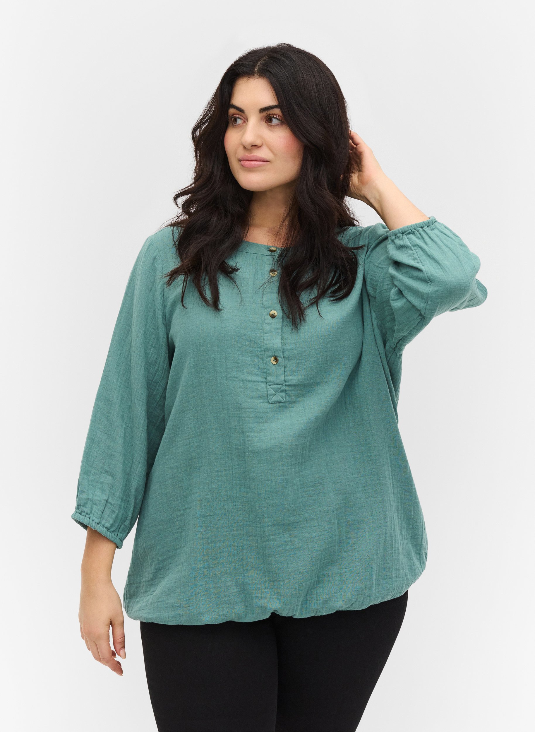 Bomulds bluse med knapper og 3/4 ærmer, Sagebrush Green, Model image number 0