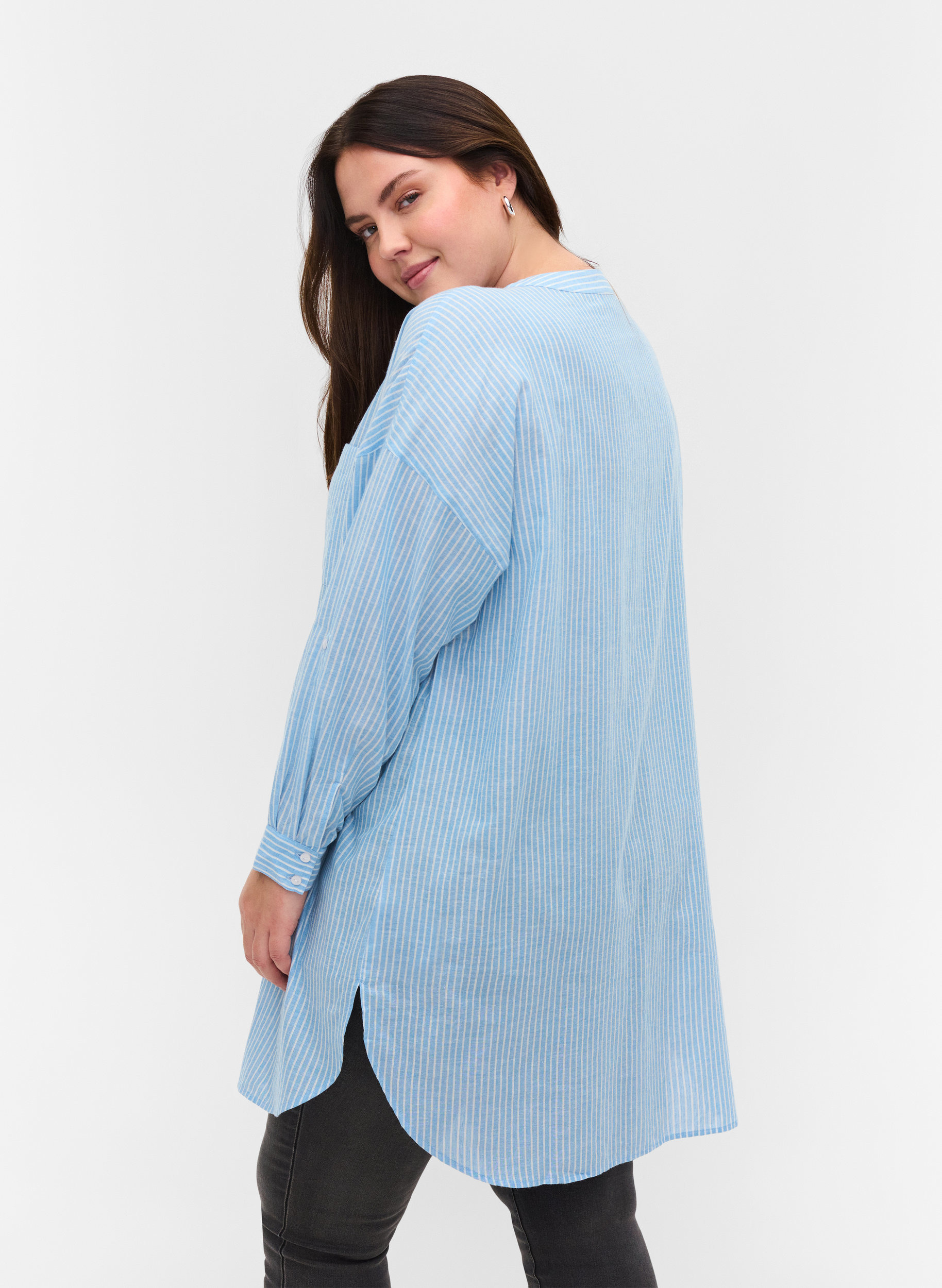 Stribet skjorte i 100% bomuld, Lichen Blue Stripe , Model image number 1