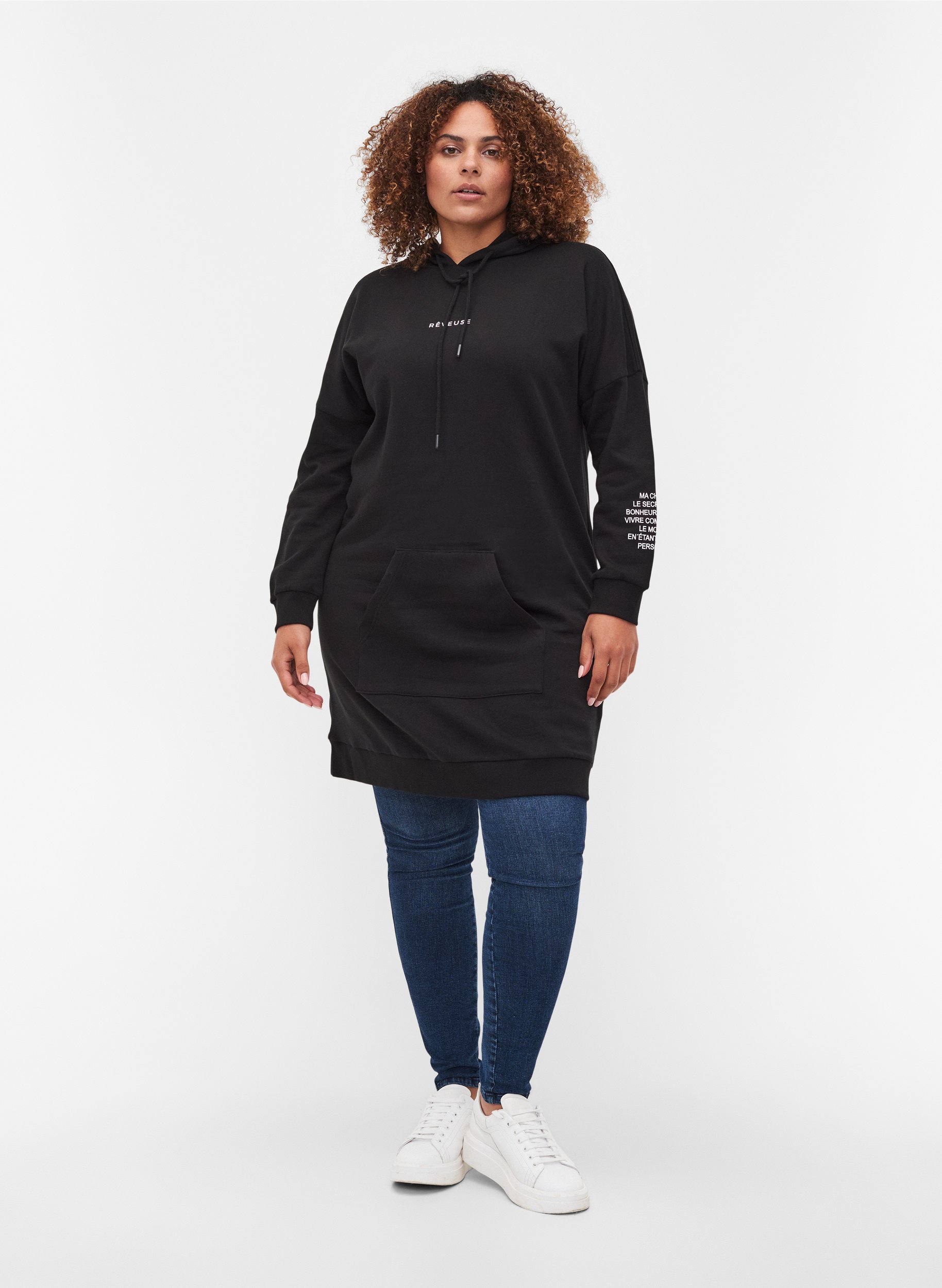 Bomulds sweatkjole med hætte og tekstprint, Black, Model image number 2