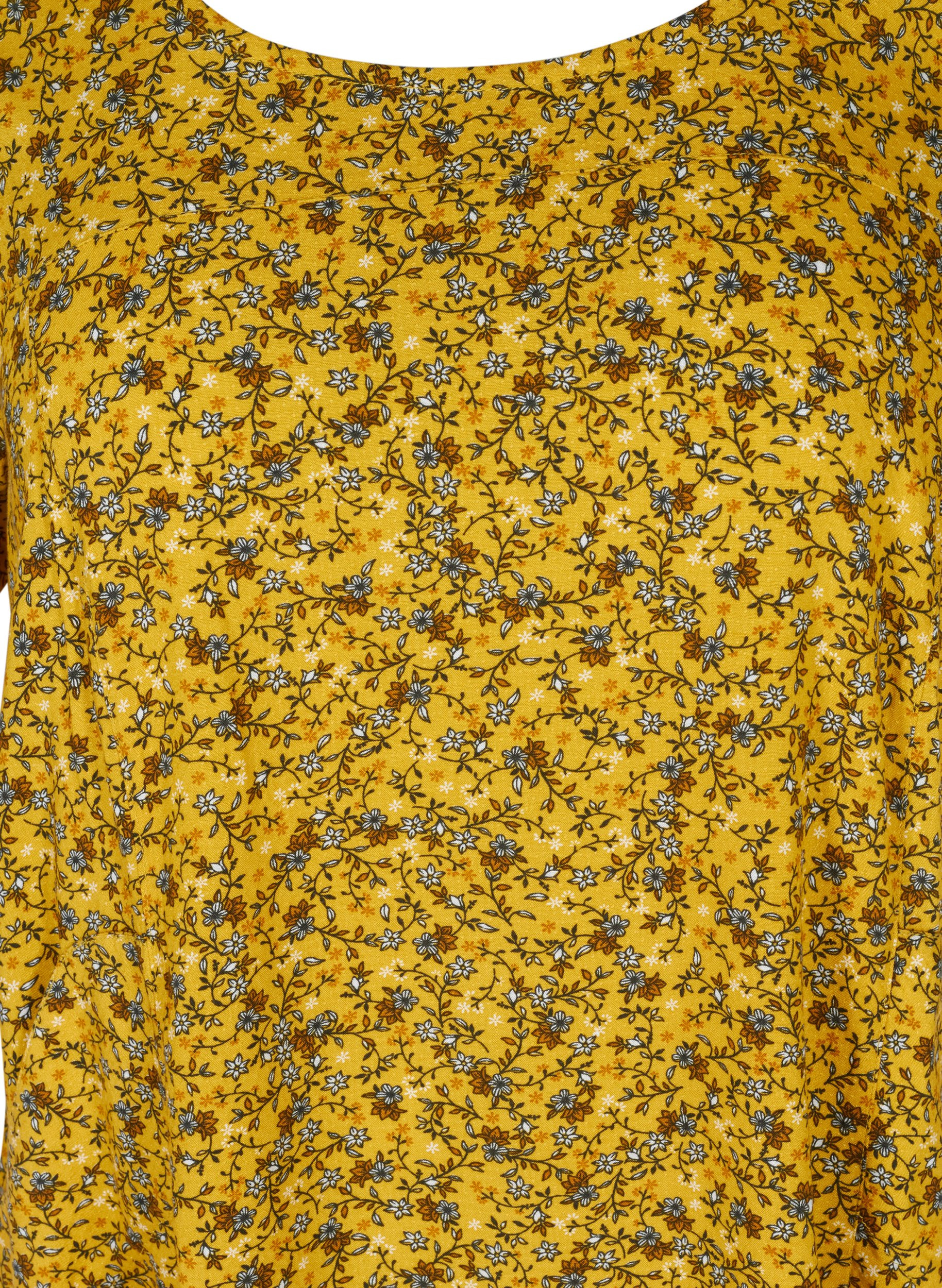 Kortærmet viskose kjole med print, Yellow Ditsy Flower, Packshot image number 2