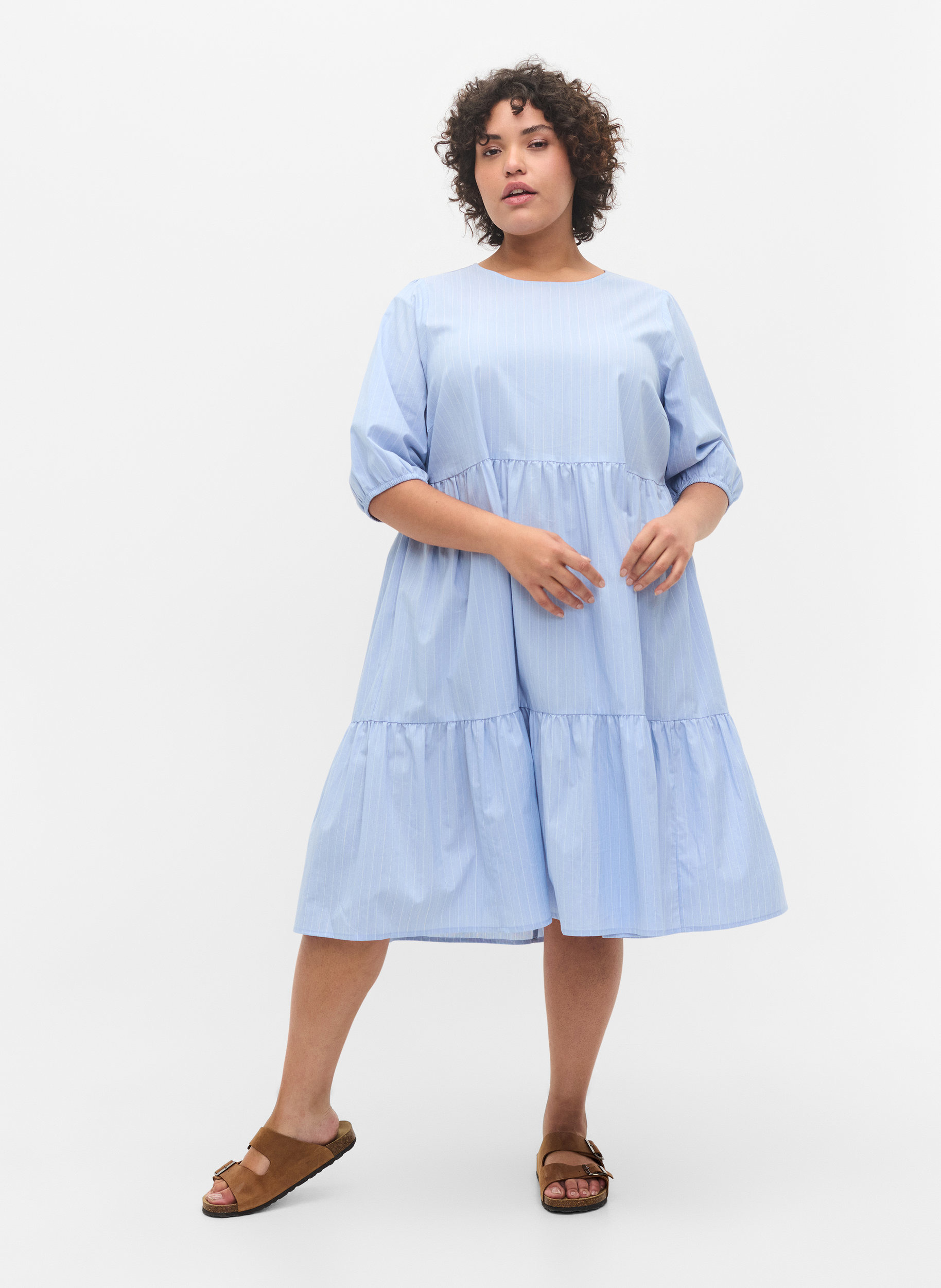 Stribet kjole med korte pufærmer, Blue As Sample, Model image number 2