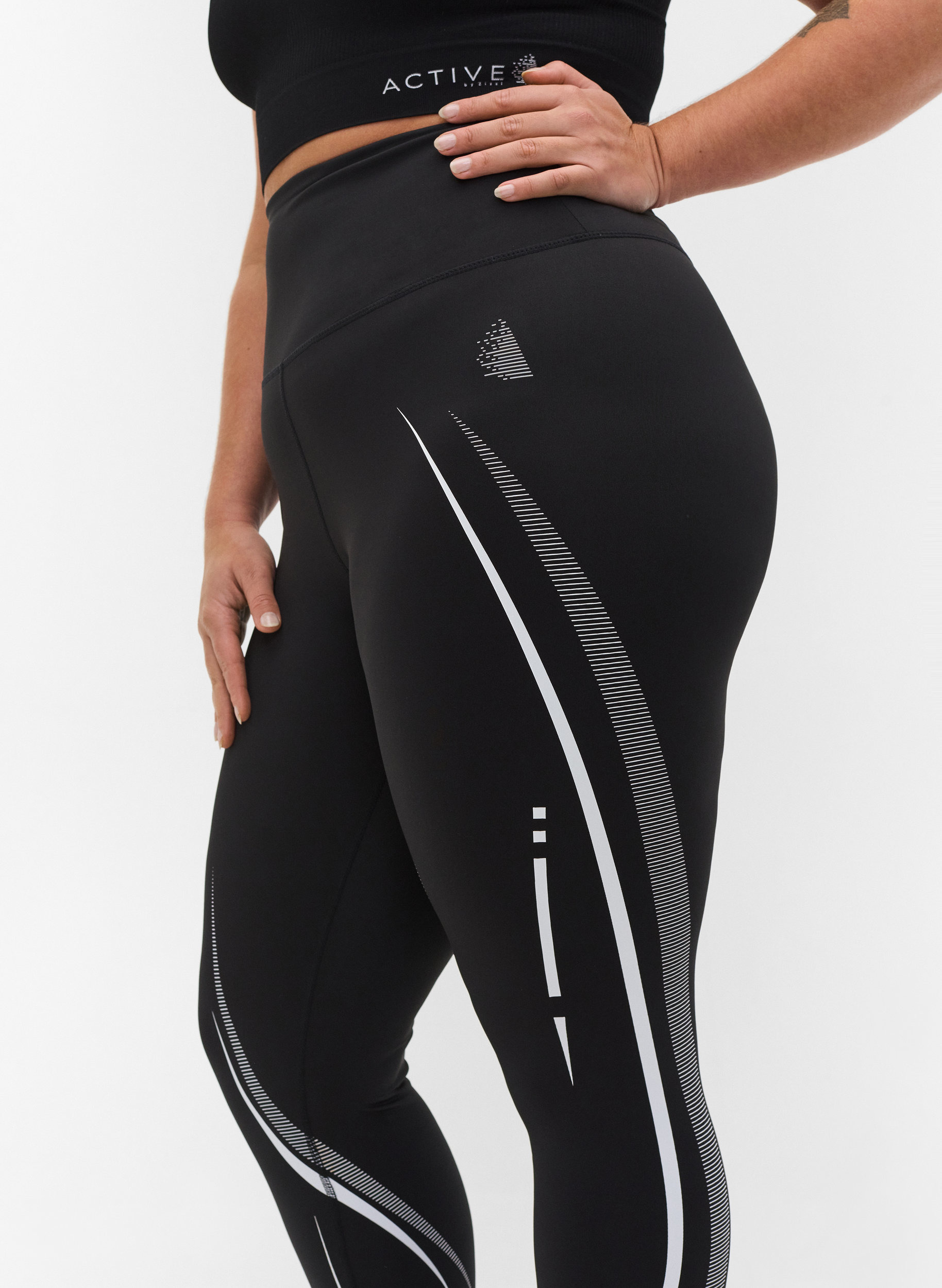 Cropped tights med printdetaljer, Black, Model image number 2