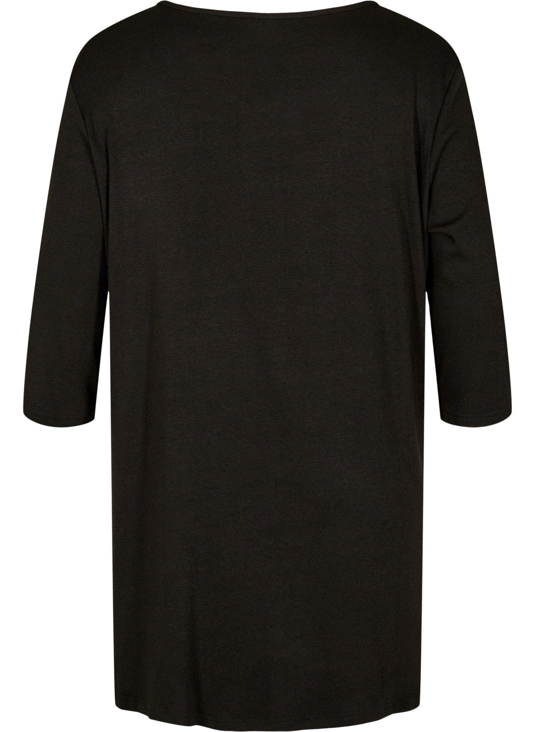Ensfarvet bluse med knapper og 3/4 ærmer , Black, Packshot image number 1