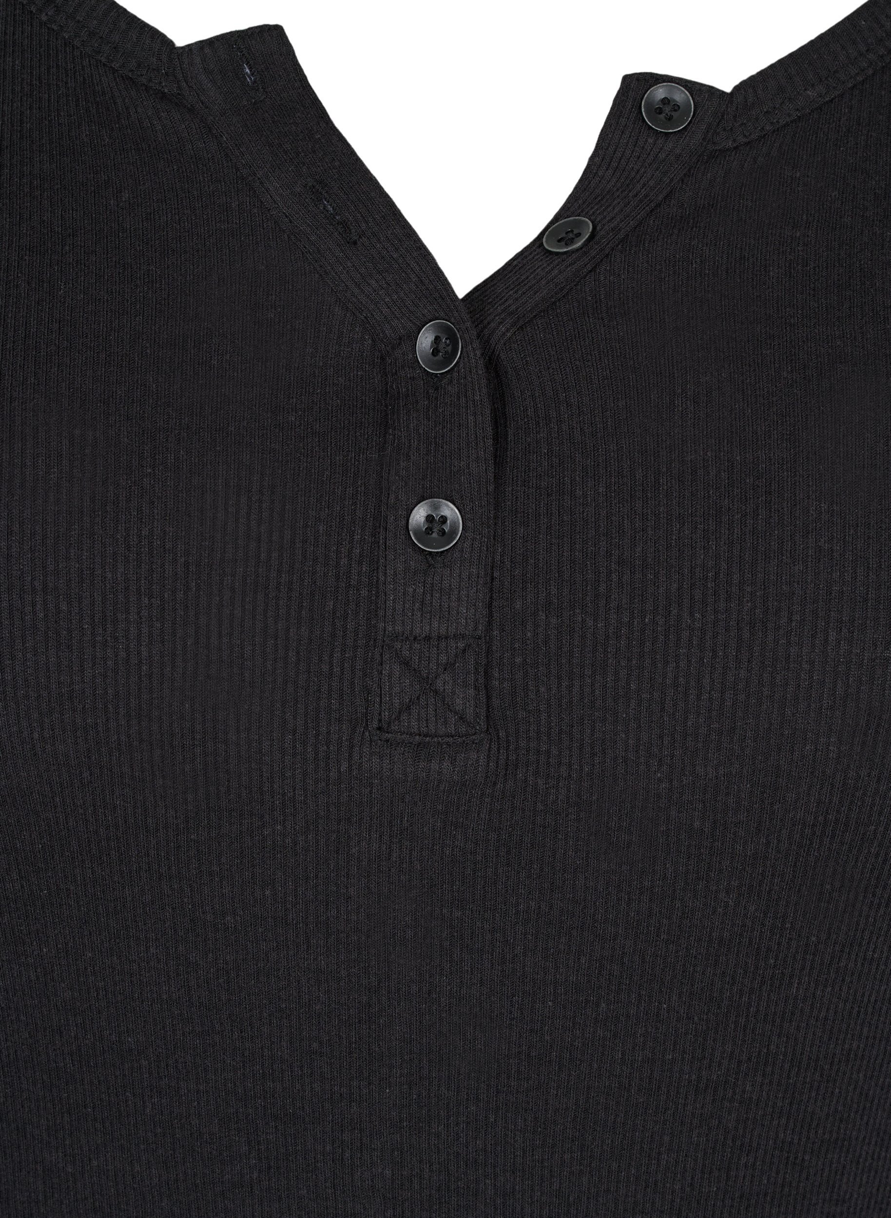 Langærmet bluse i ribkvalitet med knapper, Black, Packshot image number 2
