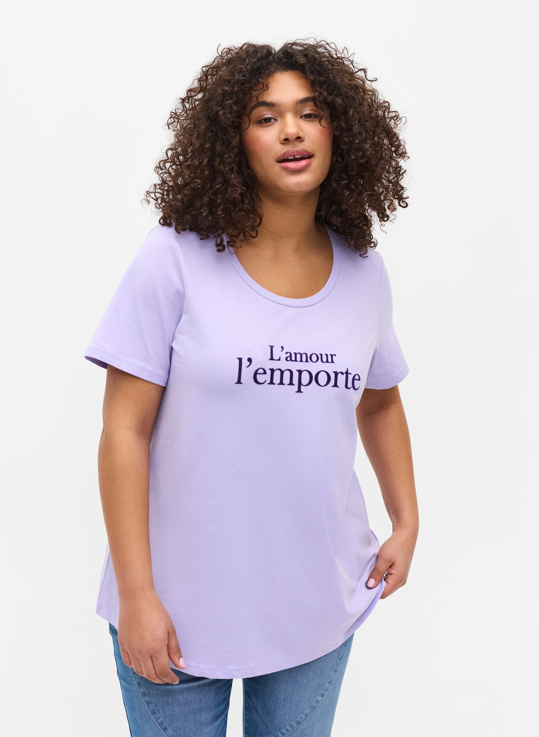 Kortærmet bomulds t-shirt med tryk,  Lavender LAMOUR, Model image number 0