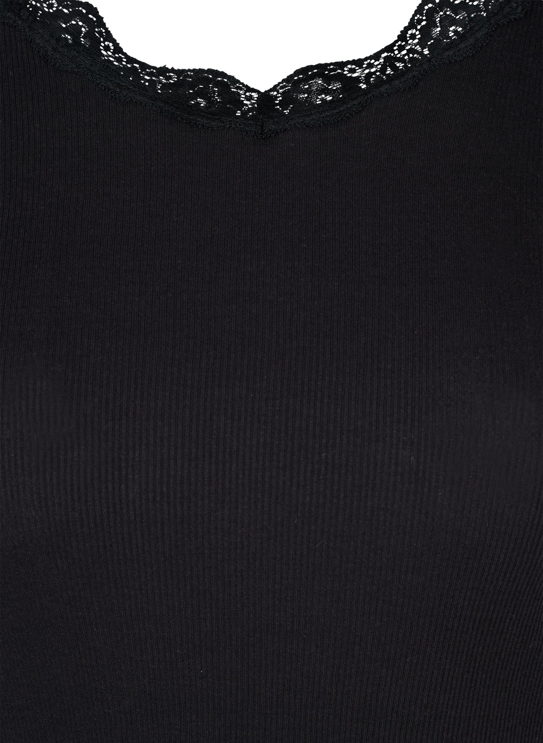 Langærmet ribbet bluse med blondedetaljer, Black, Packshot image number 2
