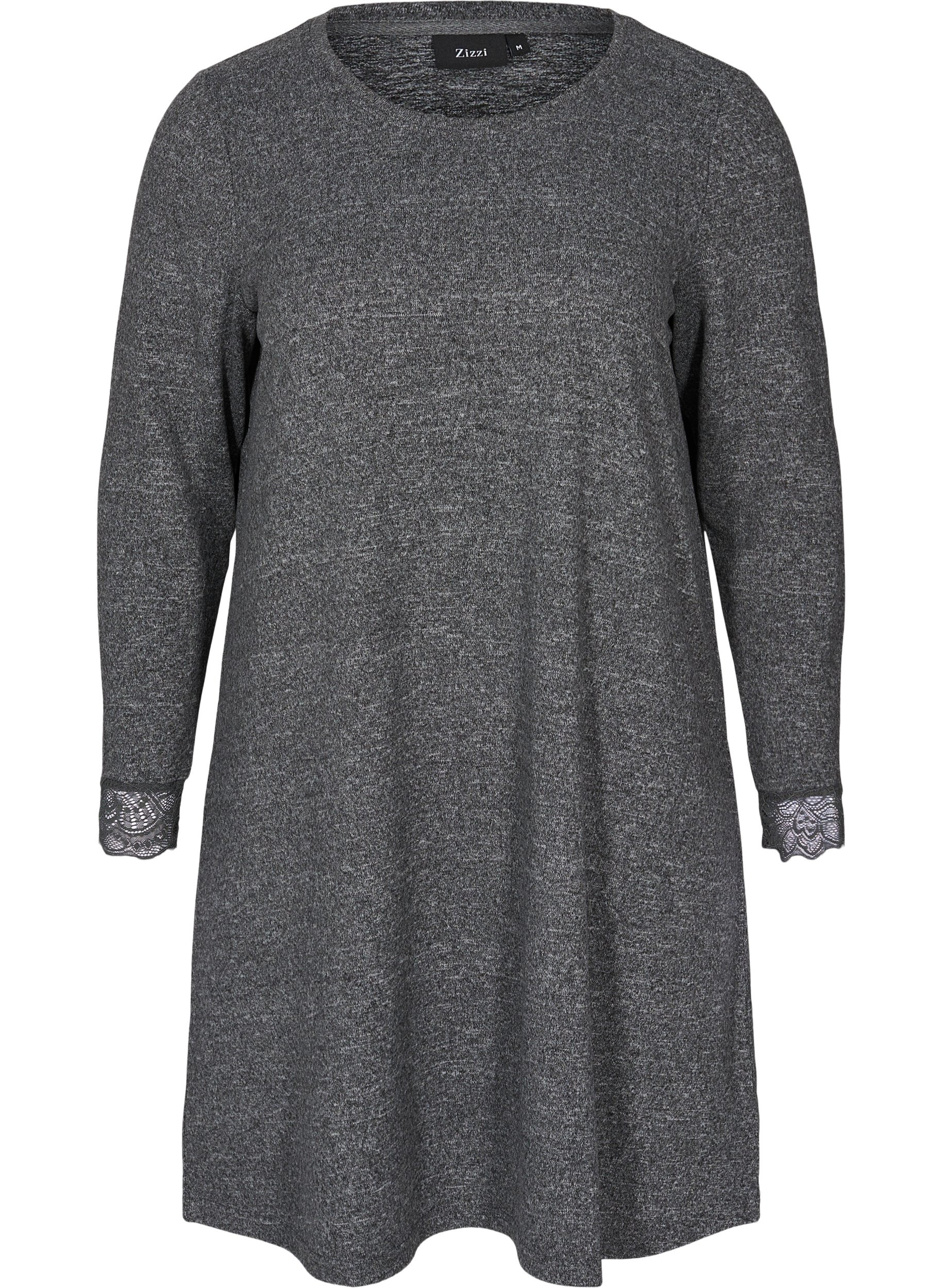 Kjole med lange ærmer og blonder, Dark Grey Melange, Packshot image number 0