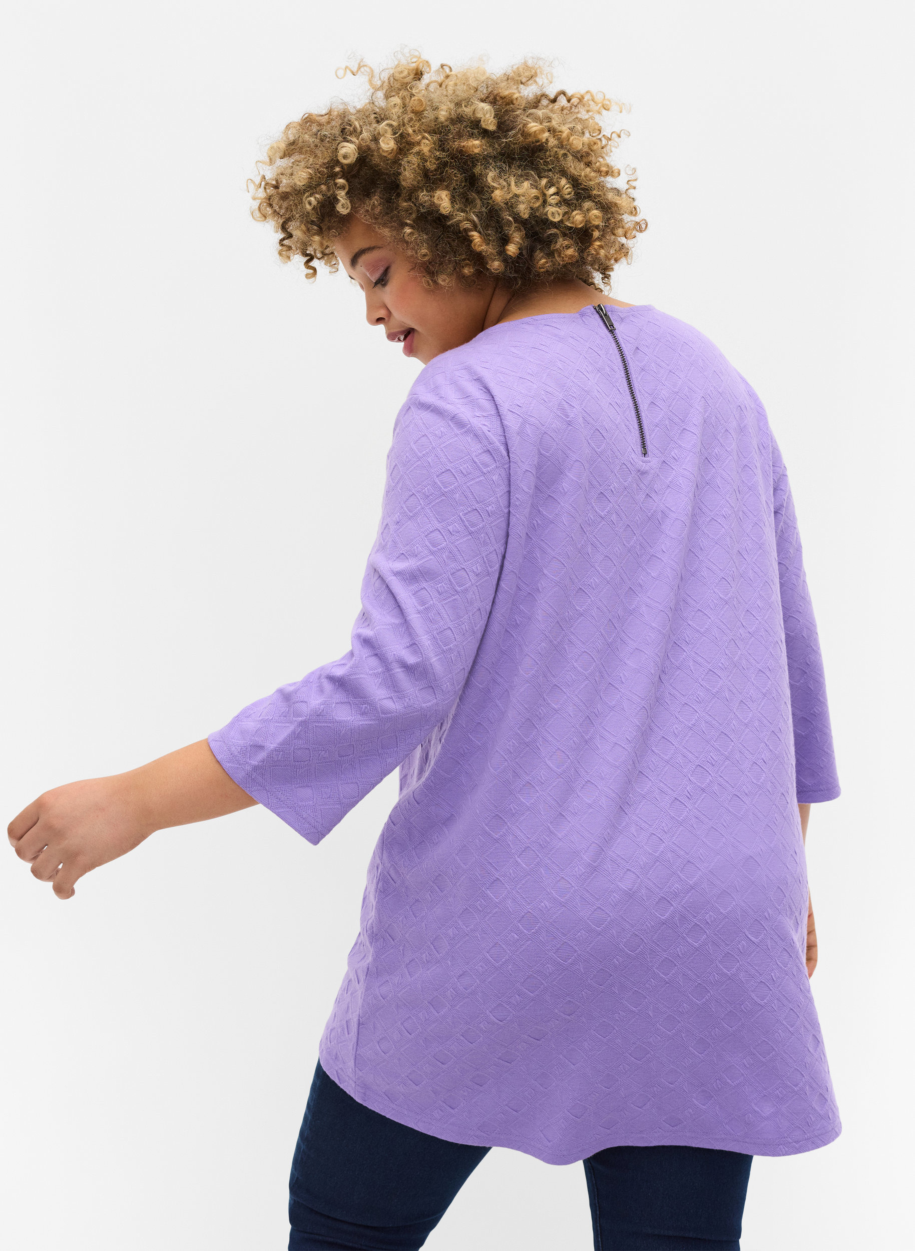 Lang bluse med rund hals og 3/4 ærmer, Paisley Purple, Model image number 1