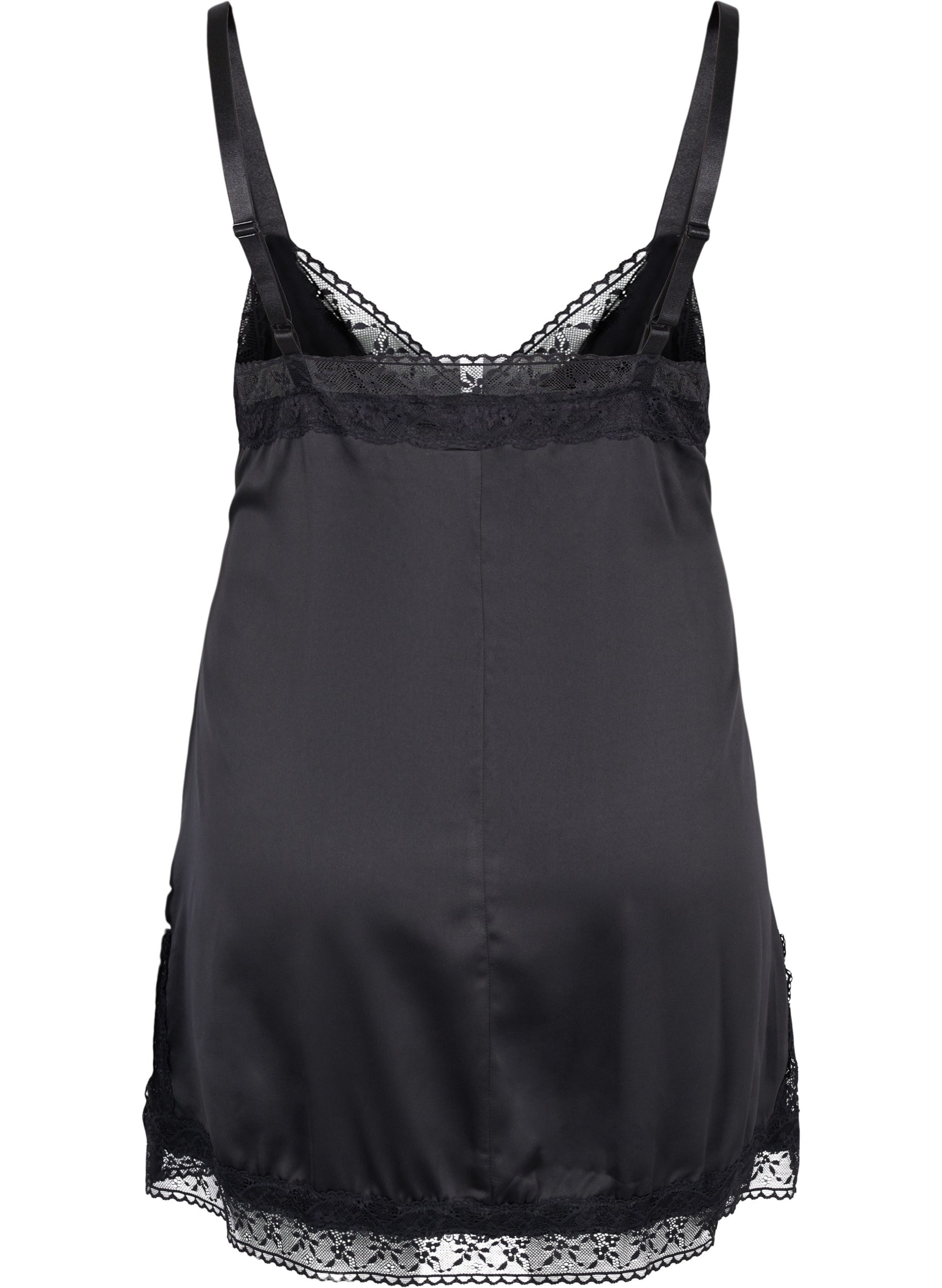 Natkjole med blonder og slids, Black, Packshot image number 1