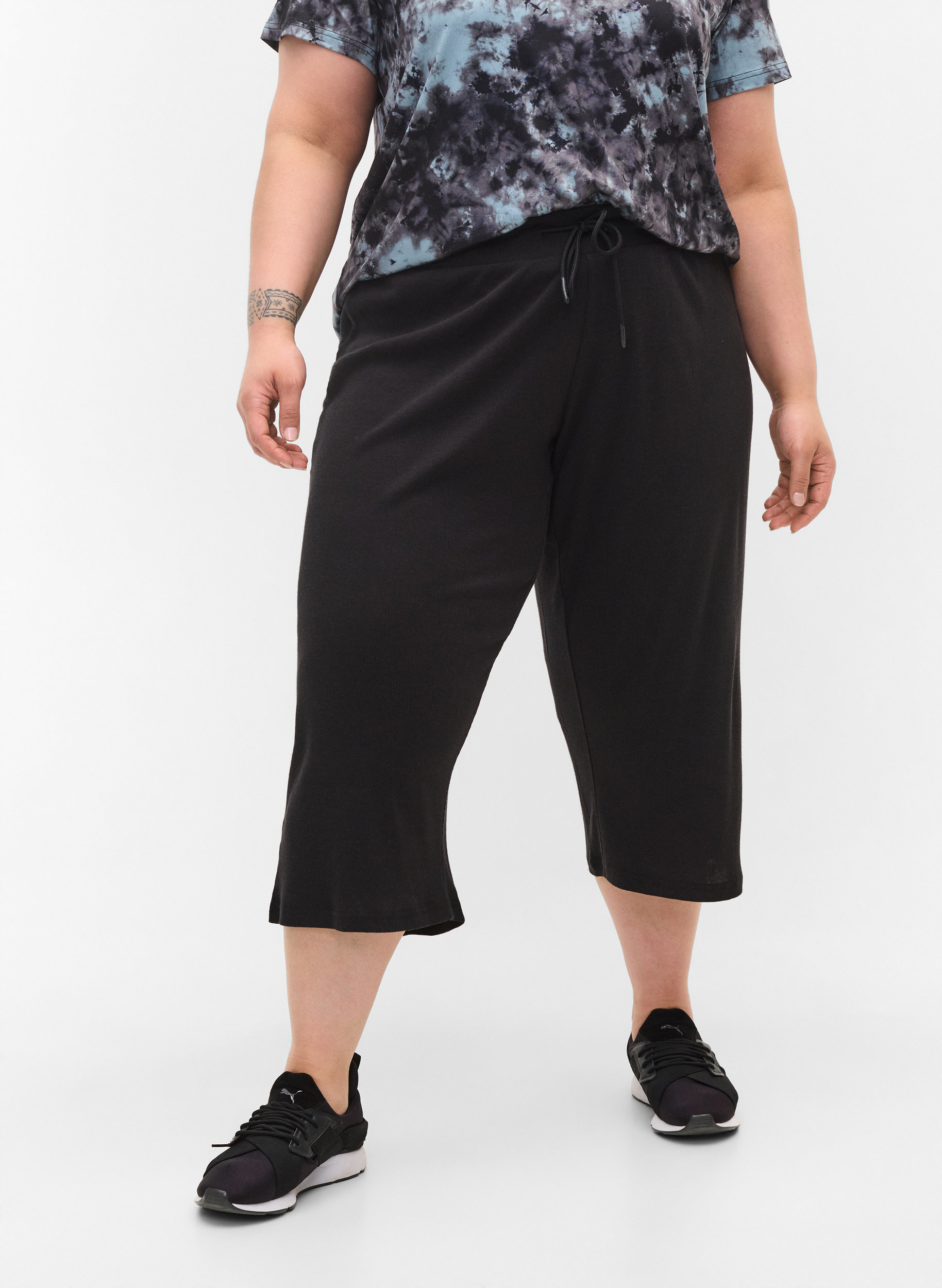 Løse culotte bukser i ribkvalitet, Black, Model image number 2