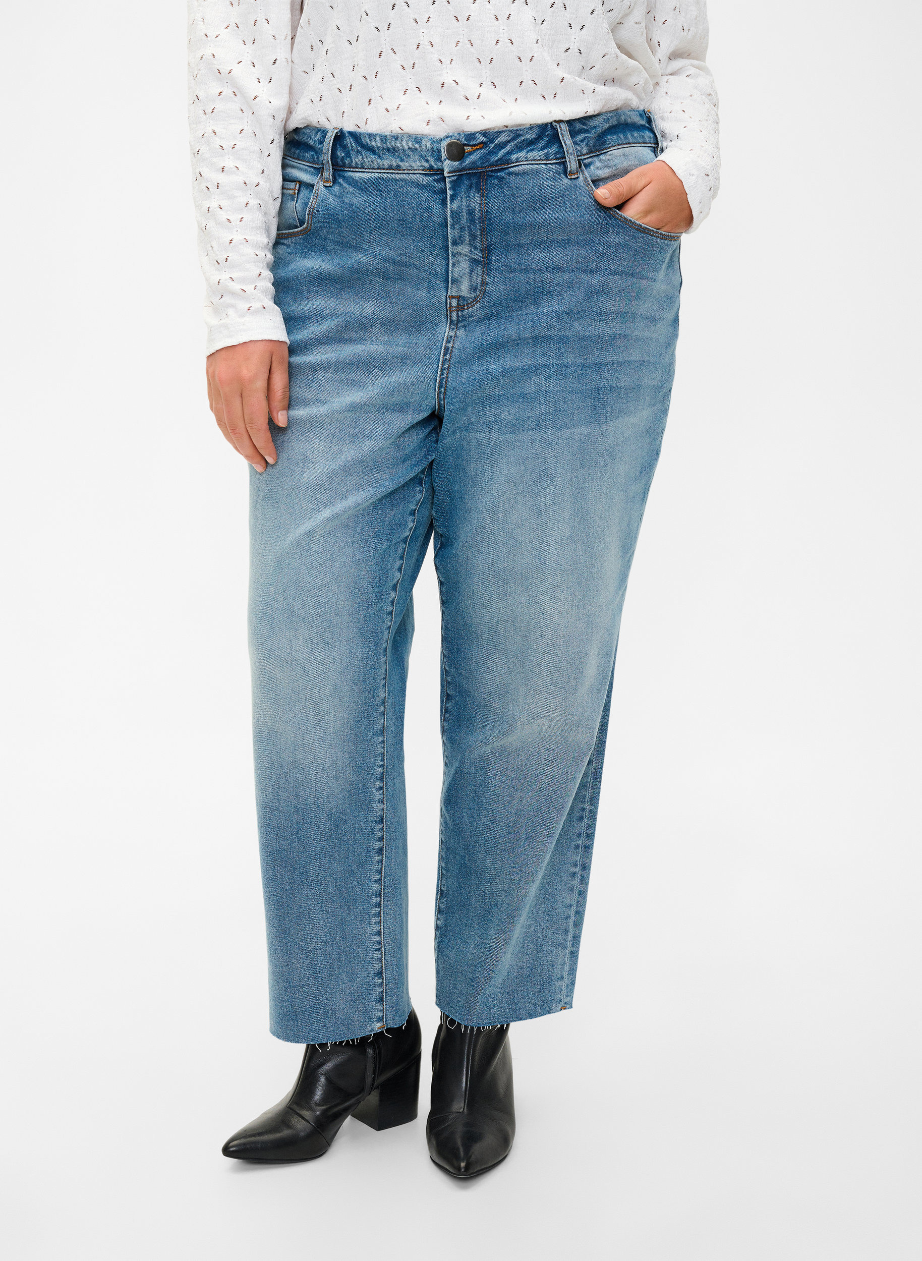 7/8 jeans med rå kanter og høj talje, Light blue denim, Model image number 2