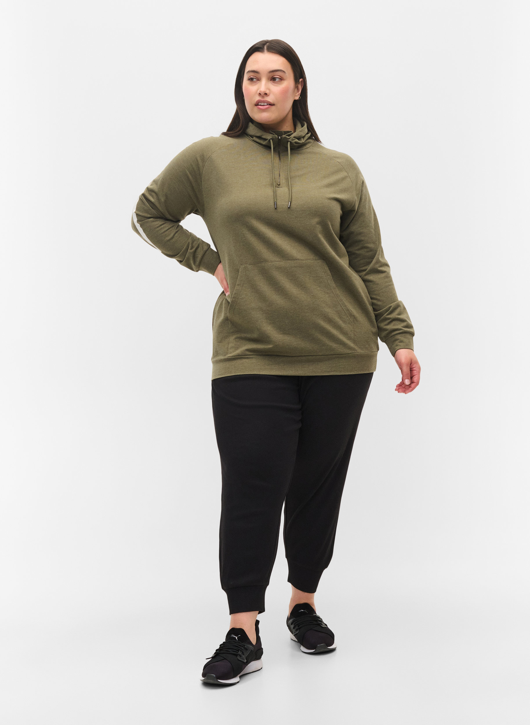 Sweatshirt med hætte og lynlås, Ivy Green Melange, Model image number 3