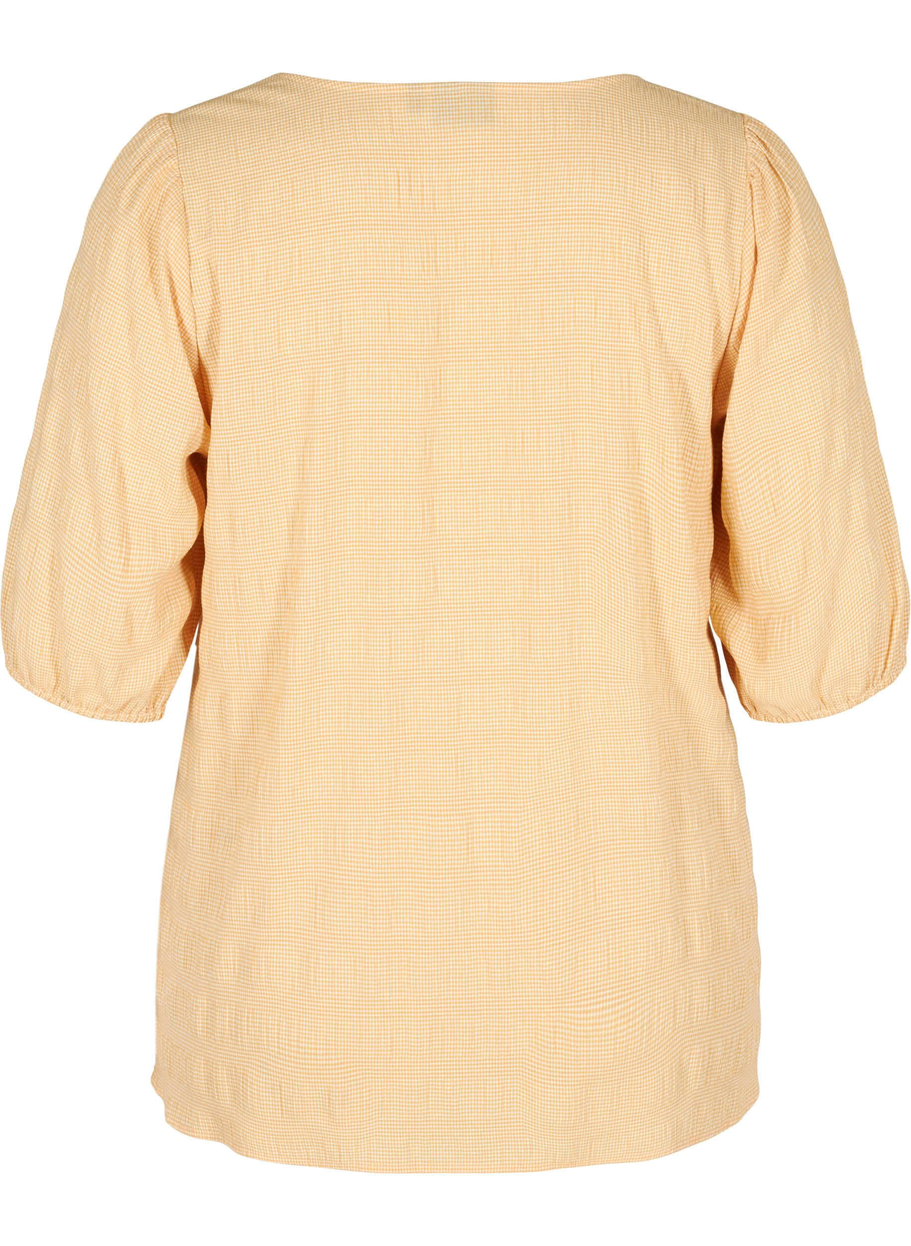 Ternet bluse med pufærmer, Yellow Check, Packshot image number 1