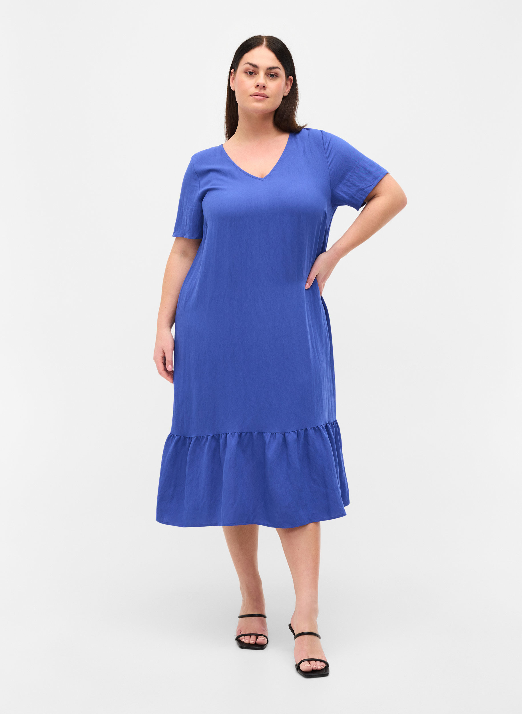 Kortærmet viskose kjole med v-udskæring, Dazzling Blue, Model image number 2