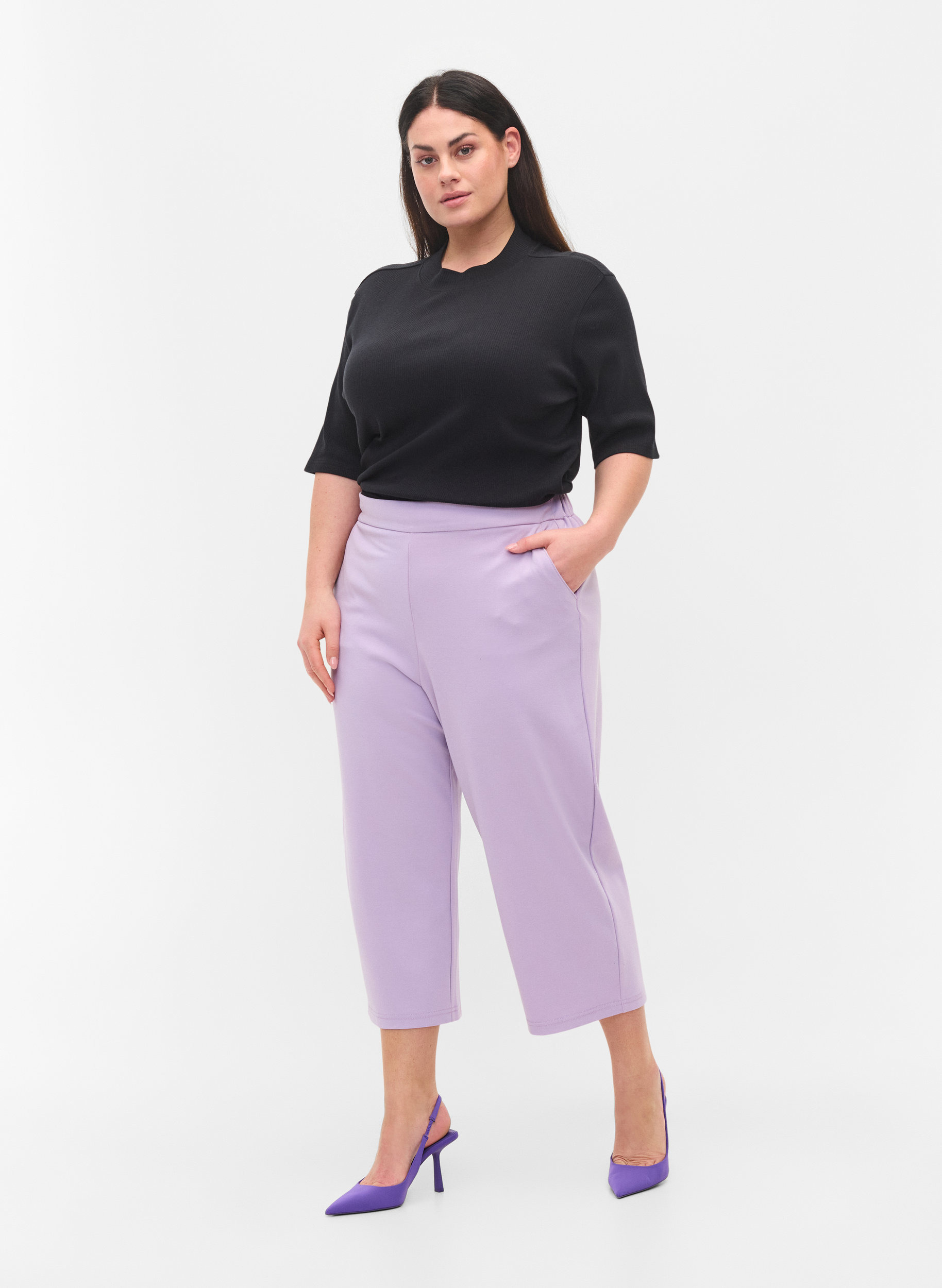 Ensfarvede culotte bukser med lommer, Orchid Bloom, Model image number 0