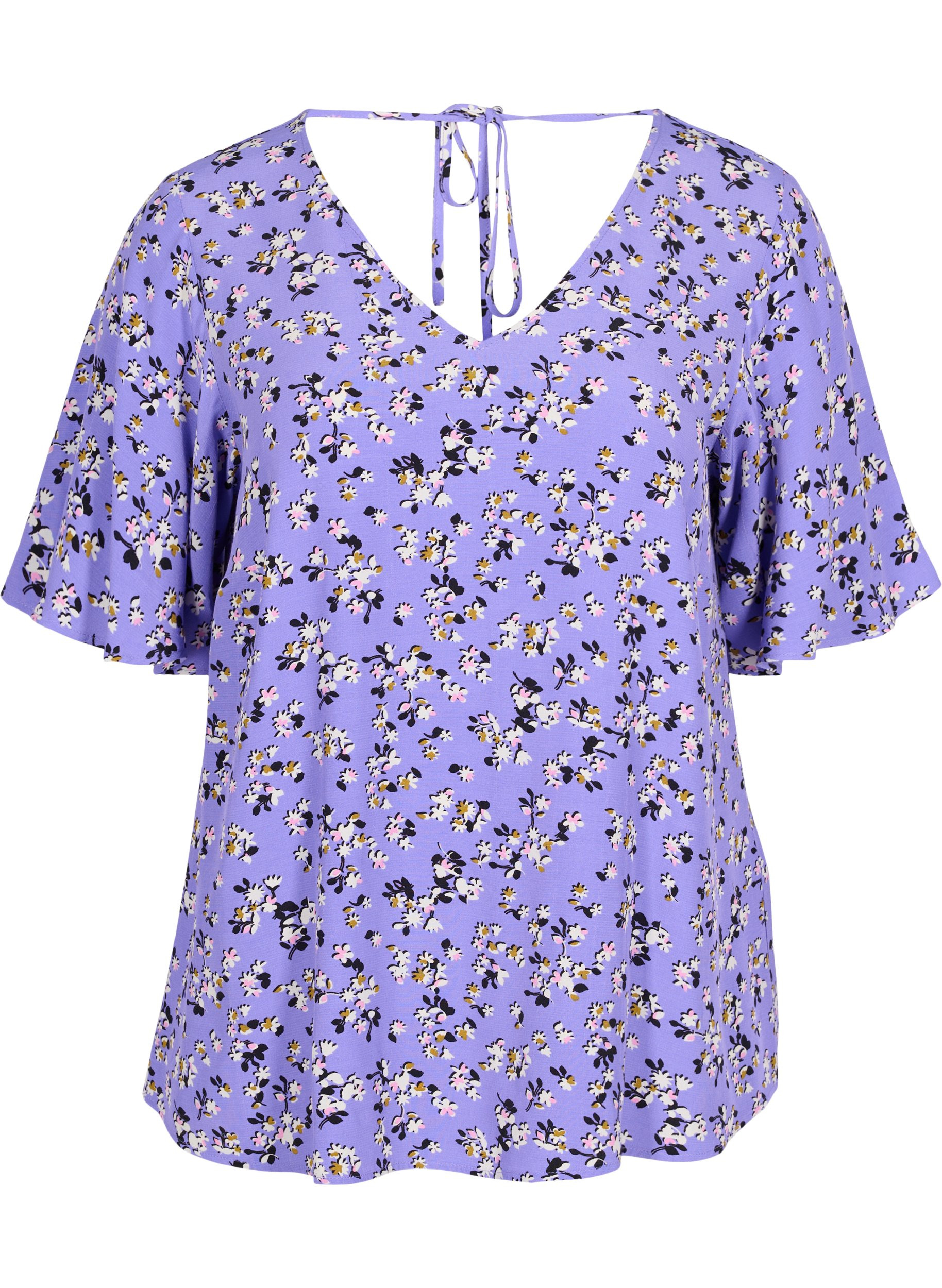 Blomstret viskose bluse med snøredetalje, Lilac Flower Print, Packshot image number 0