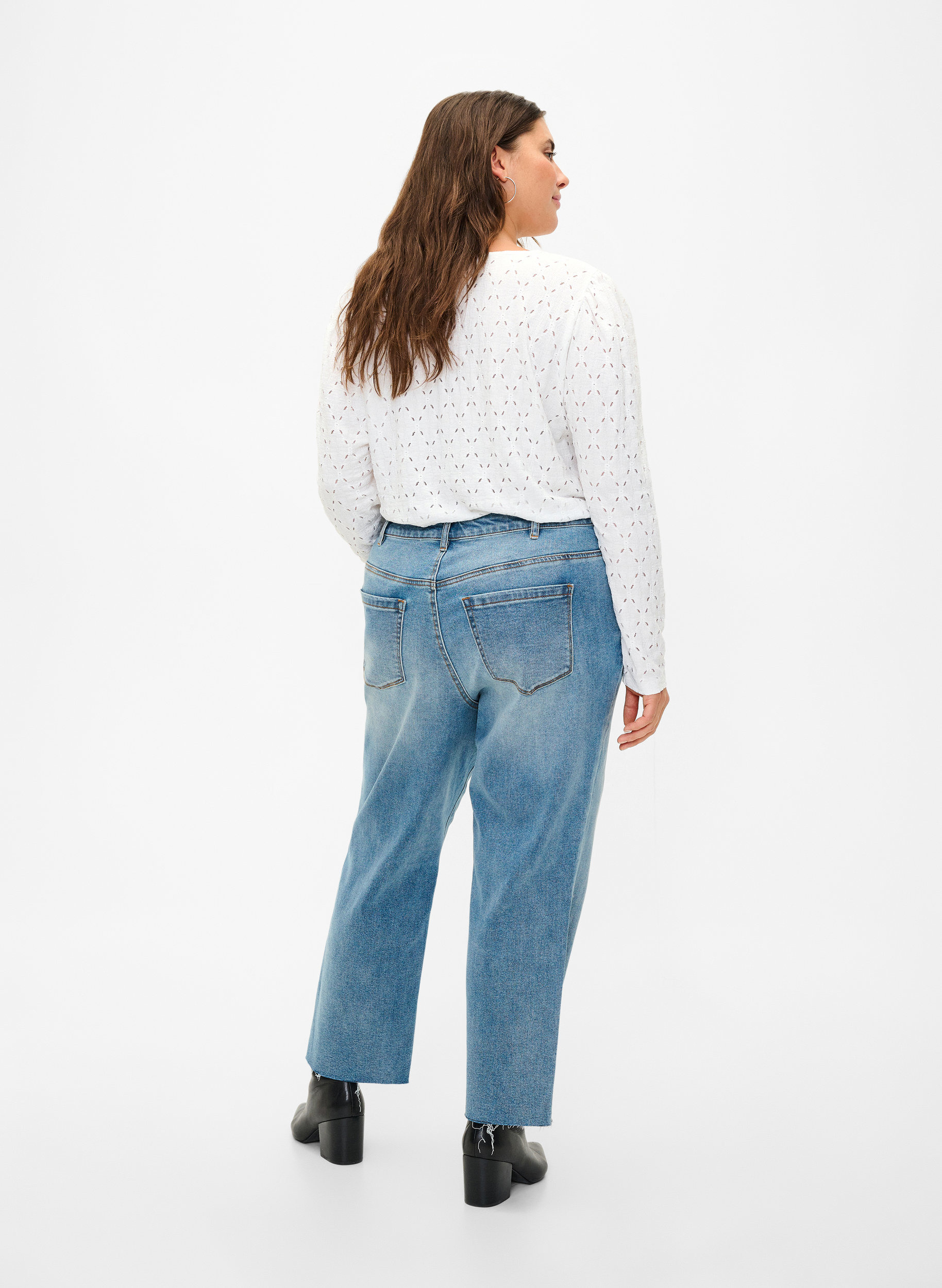 7/8 jeans med rå kanter og høj talje, Light blue denim, Model image number 1